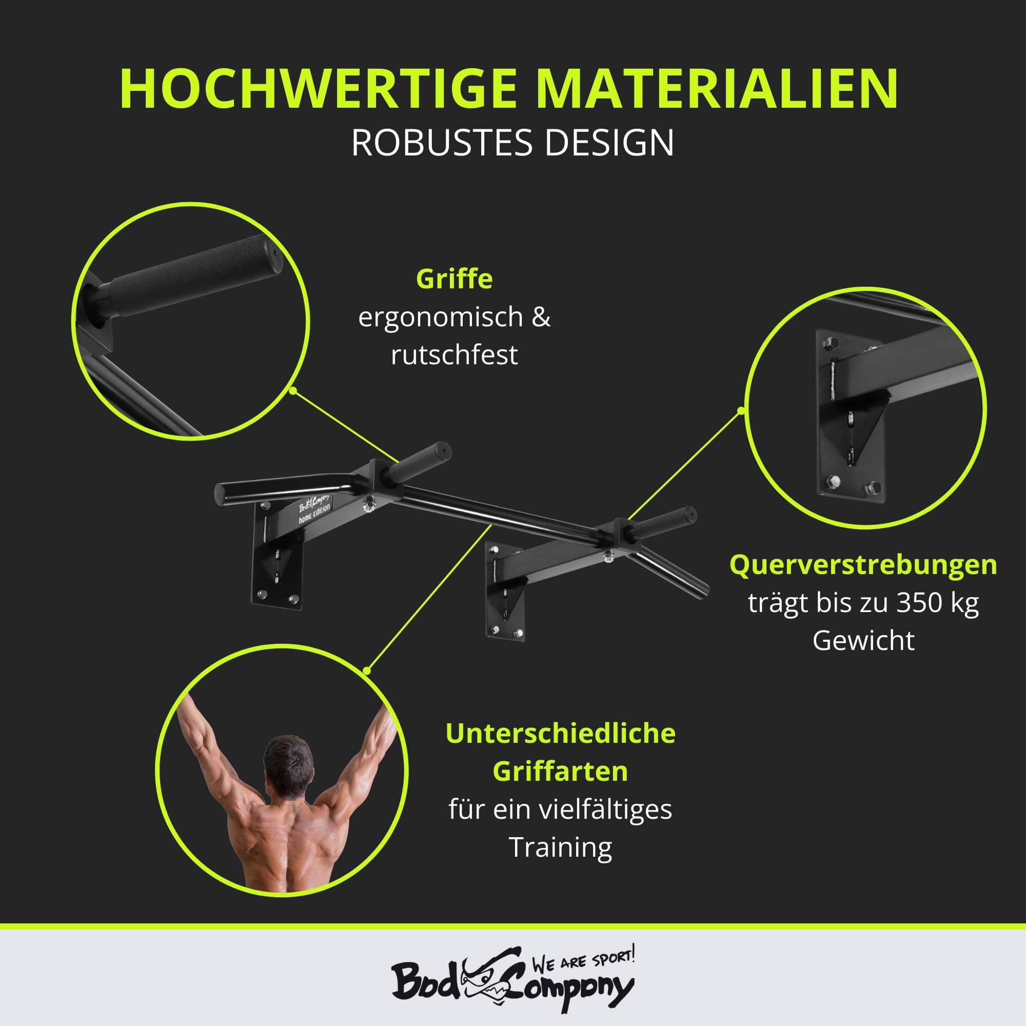 Bad Company Klimmzugstange Wandmontage oder Deckenmontage bis 350 kg belastbar - Klimmzug Stange Wand oder Decke inkl. Anleitung und Befestigungsmaterial - Für Fitness Zuhause oder Gym