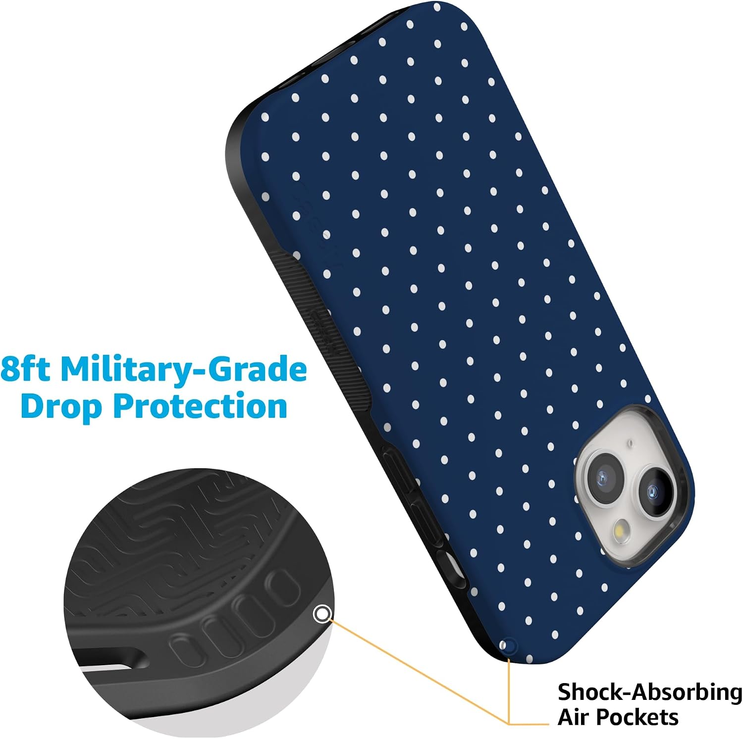 Casely iPhone 15 Case | On the Dot | Navy Polka Dot | Bold Protective Design | Compatible with MagSafe