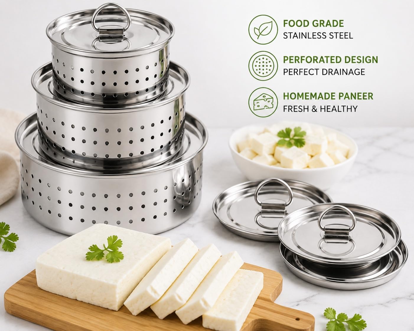 Stainless Steel Paneer Maker Mould Set With Lid Round Cheese And Tofu Press Machine For Kitchen- Pack of 3 (350ml, 500ml & 700ml)