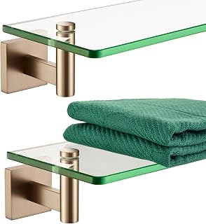 KOKOSIRI 20-Inch Tempered Glass Floating Wall Shelves, Champagne Bronze 2-Pack - Bathroom Storage, Kitchen Shelf, Rustproof SUS304 Steel
