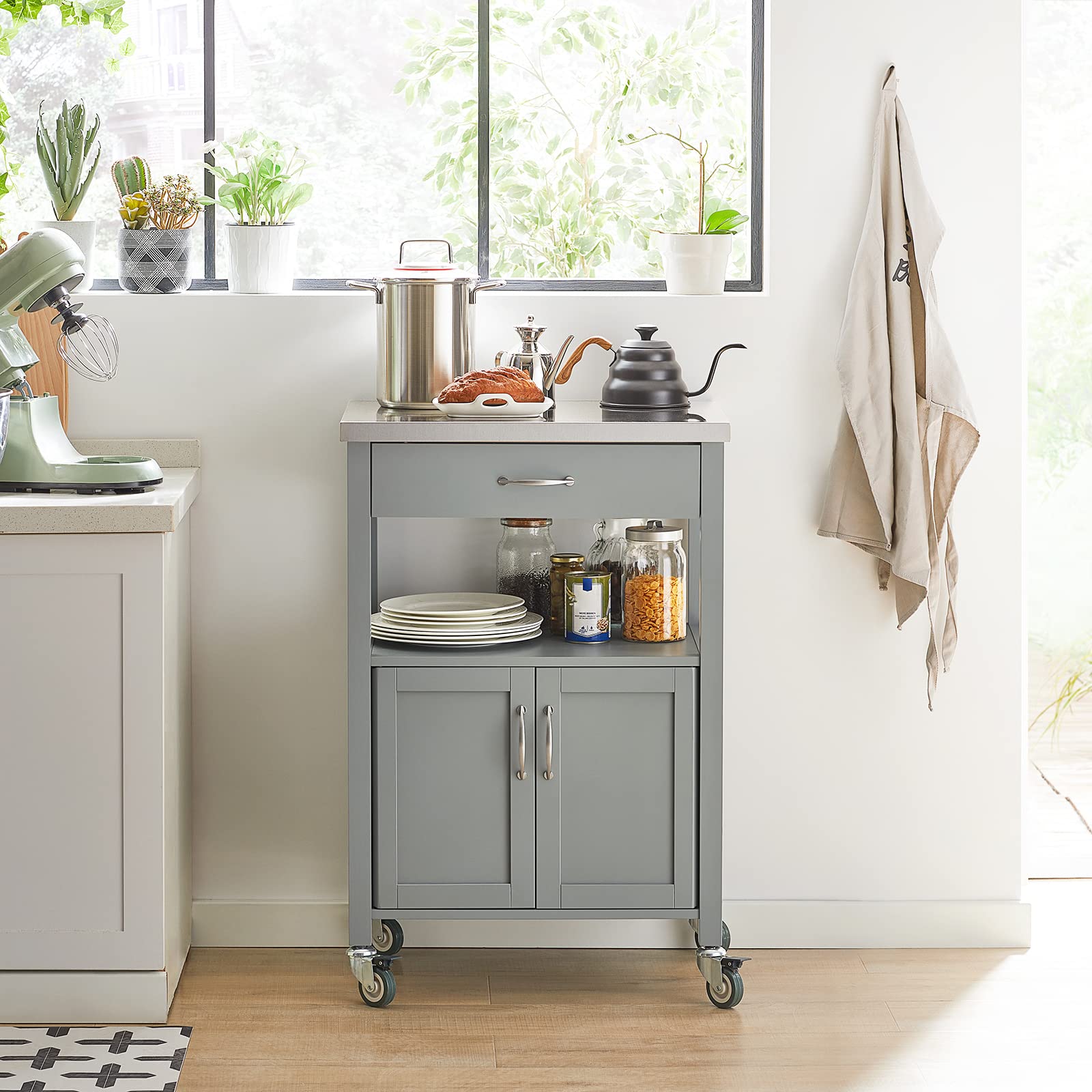 SoBuy Carrito Cocina con Ruedas, encimera INOX & 4 Ruedas, 60x92x44cm | Mueble Auxiliar con cajón, estante abierto & armario de 2 puertas, compacto, MDF, cocina & exterior & dormitorio, FKW22-HG