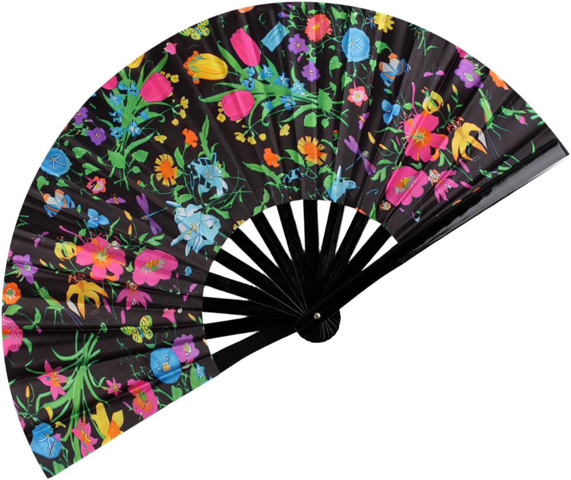 Rave Hand Fan UV Glow, Clap Popping Folding Fan, Bamboo Large Hand Fan for Line Dancing, Halloween, Music Festival, Club, Dance, Party, Drag Queen(Flower)
