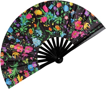 Rave Hand Fan UV Glow, Clap Popping Folding Fan, Bamboo Large Hand Fan for Line Dancing, Halloween, Music Festival, Club, Dance, Party, Drag QueenFlower