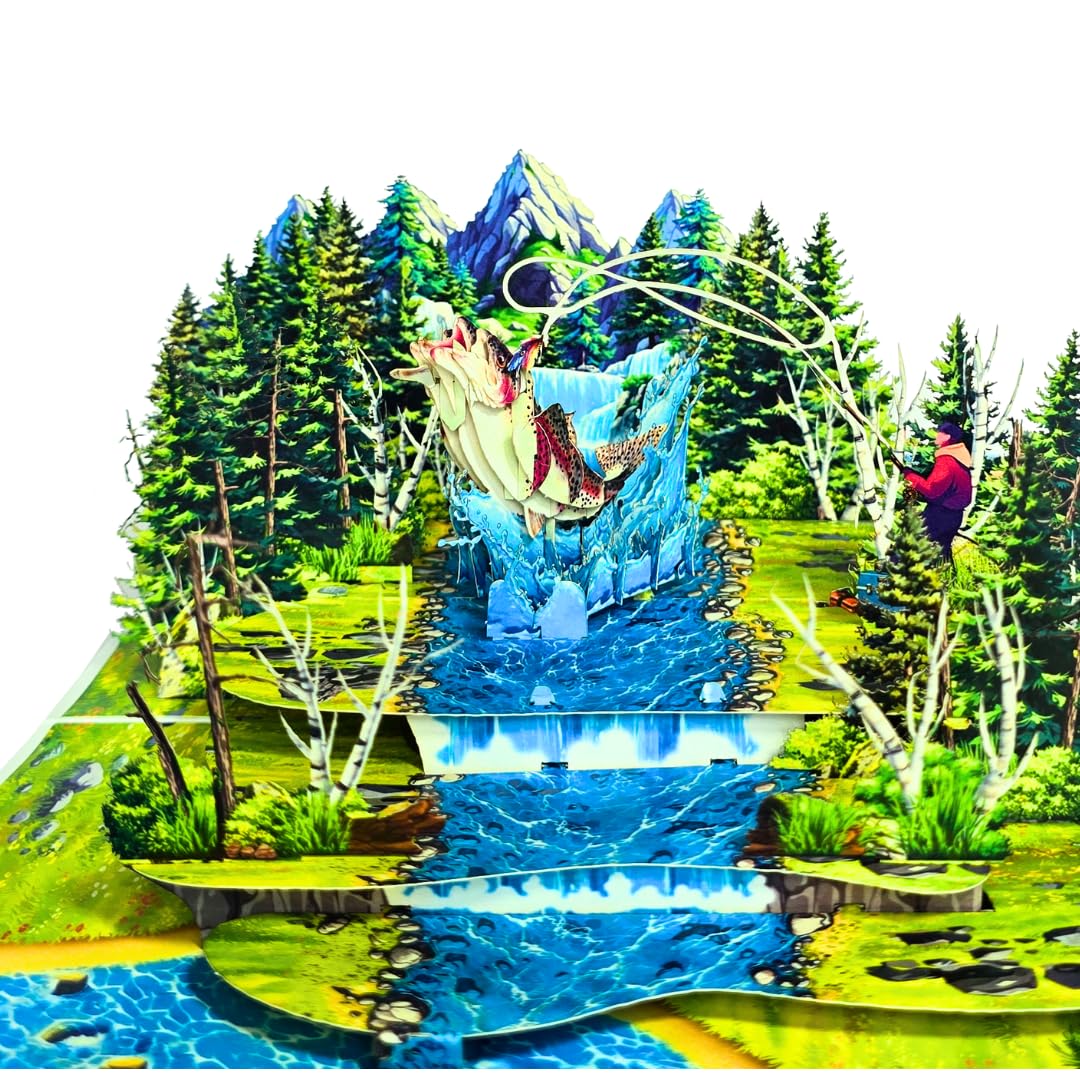 PIECE GIFT Pop Up Fathers Day Card, 6x8 inches River Fishing Fathers Day Card for Dad, Husband, Son, Grandpa With Envelope