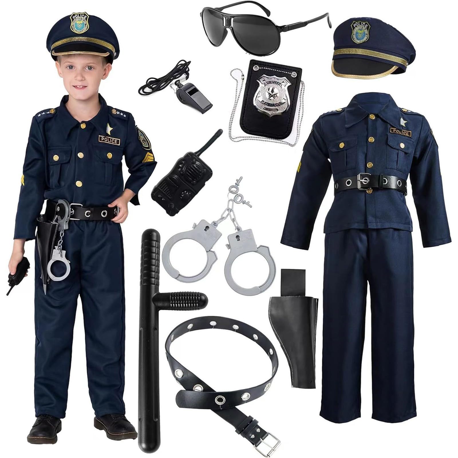 Generico Costume Poliziotto Bambino - Gioco Di Ruolo Vestito Poliziotto Bambino - Camicia, Pantaloni, Cappello, Cintura, Fischietto, Fondina Per Pistola E Set Di Poliziotti Walkie-Talkie
