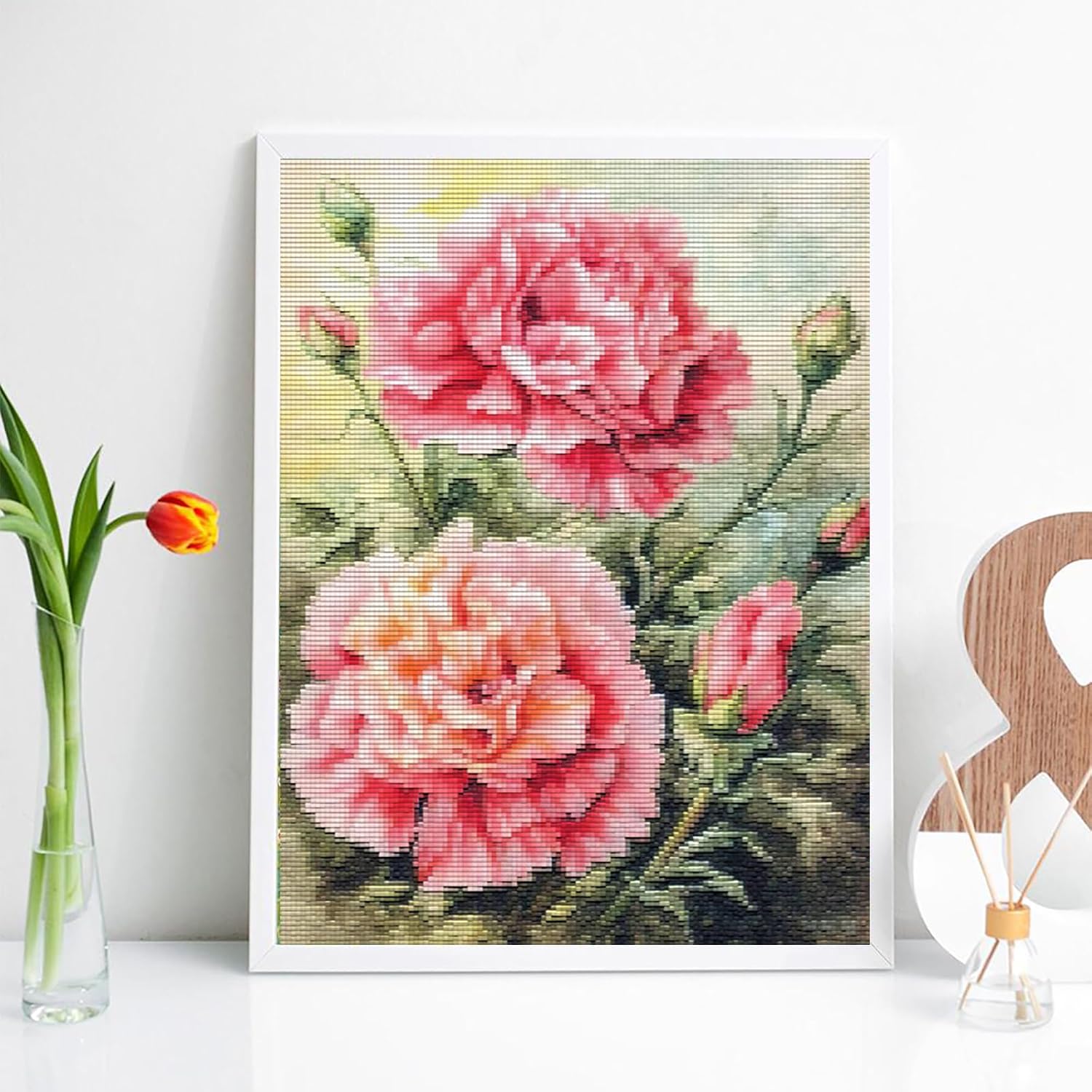 MIJVFNB Bright Carnation Cross Stitch Kits for Beginners Pattern Stamped Cross-Stitch Supplies Needlework DIY 11CT 3 Strands Cotton Thread Printed DIY Needlepoint Kits 30×40cm