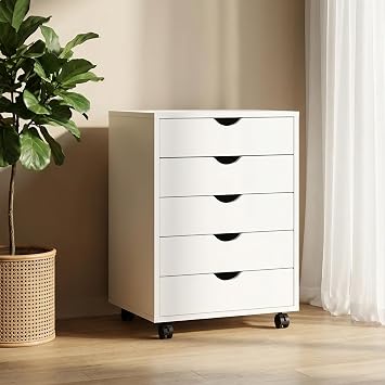 5 Drawer File Cabinet, Under Desk Storage Drawers with Wheels, Mobile Filing Chest for Small Desk Printer Stand for Home Office, White