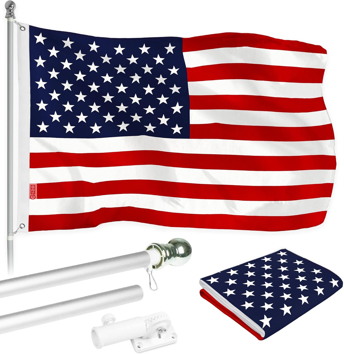 G128 Combo Pack: 6 Ft Aluminum Spinning Flagpole (Silver) & American USA Flag 3x5 Ft, LiteWeave Series Printed 100D Polyester | Pole with Flag Included