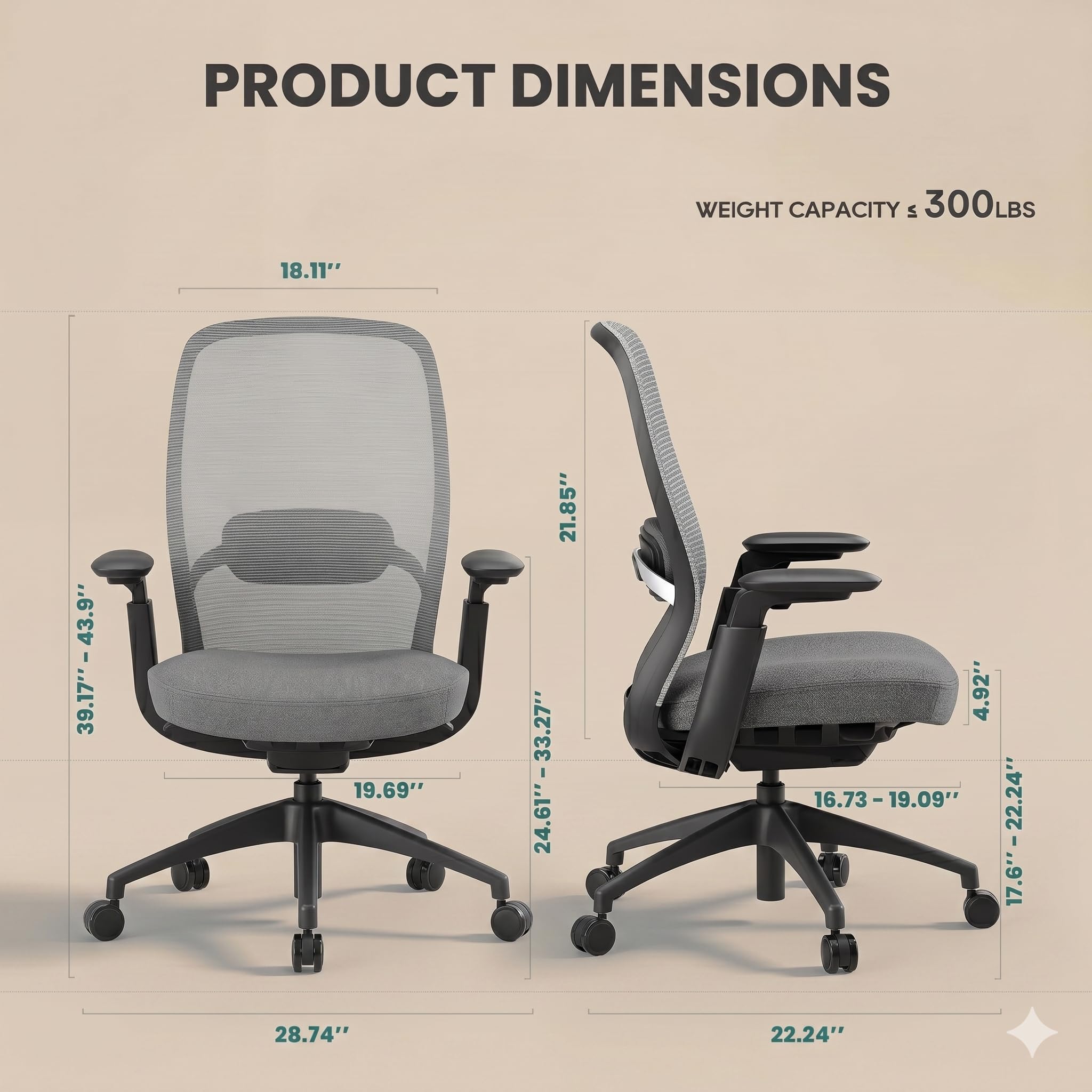 COLAMY Office Chair for Long Hours, Easy Wire-Control Desk Chair with Sliding Seat Depth & Thick Padded Lumbar Support, Heavy Duty 300 LBS High Back Mesh Computer Chair for Home Workstation,Grey - 3