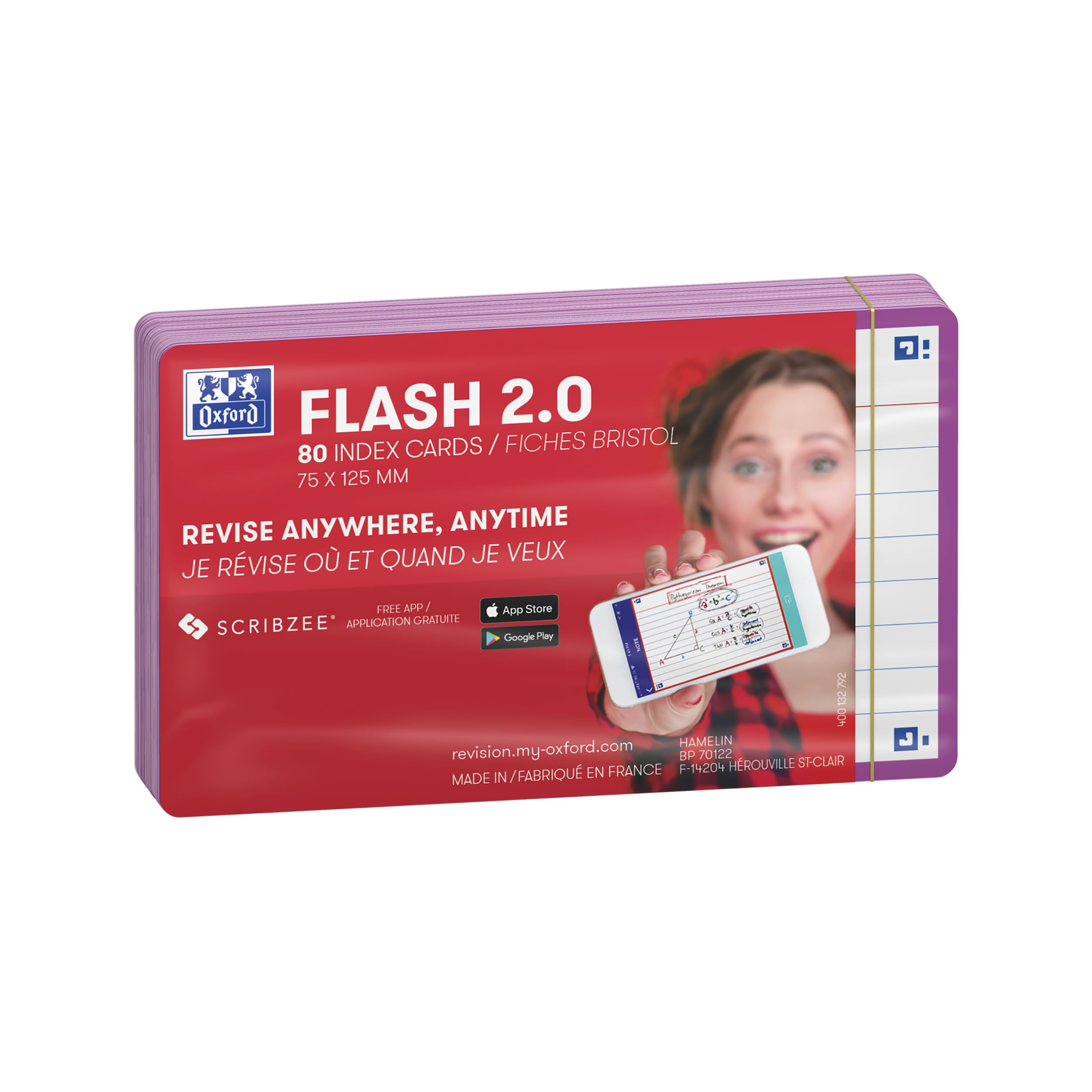 Oxford FLASH 2.0 Karteikarten A7, Lernkarten, 75x125mm, linier, lila, 80 Blatt
