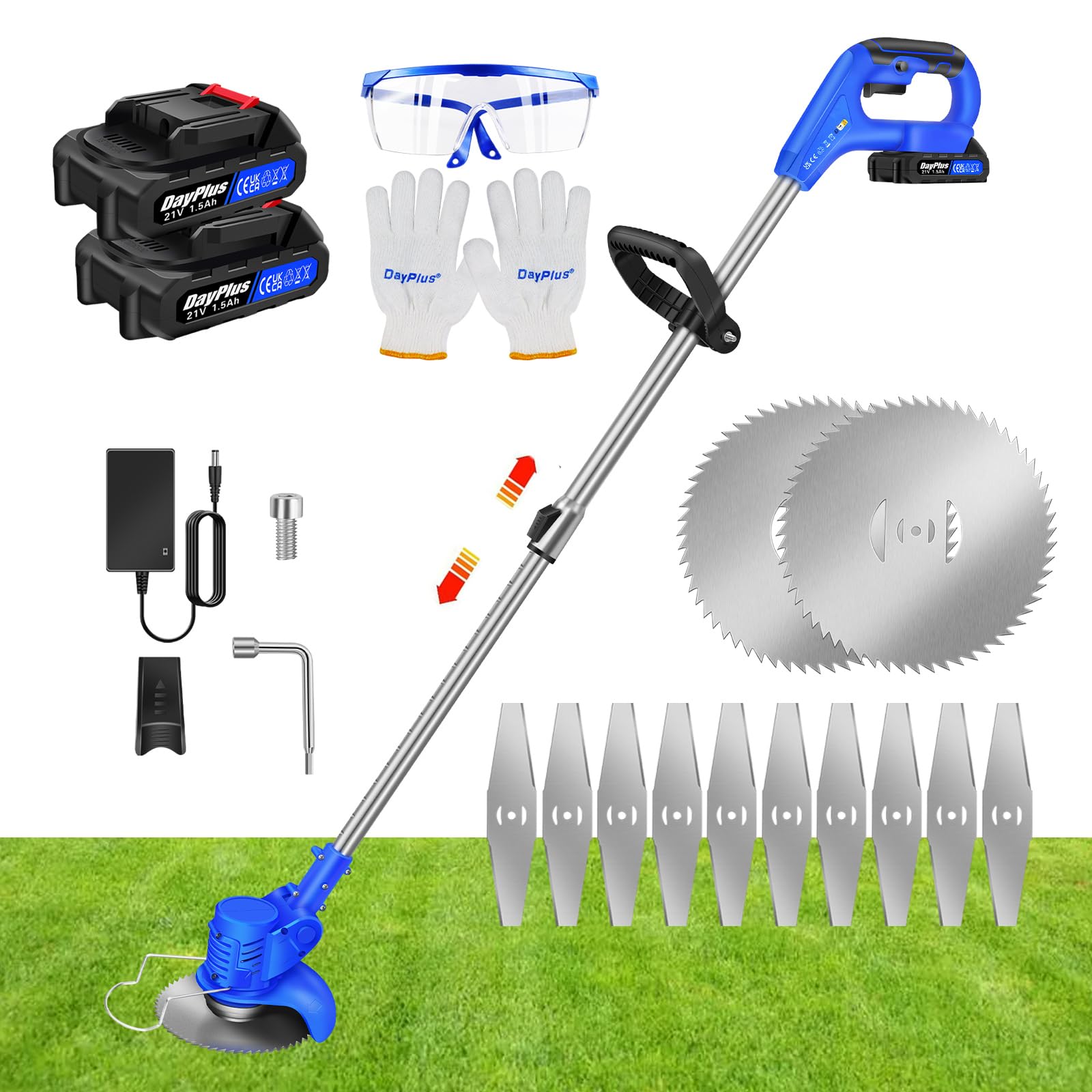 Cordless Strimmer 21V Grass Trimmers with Blades,Cordless Strimmer Retractable Handle For Lawn Garden, 2x Batteries