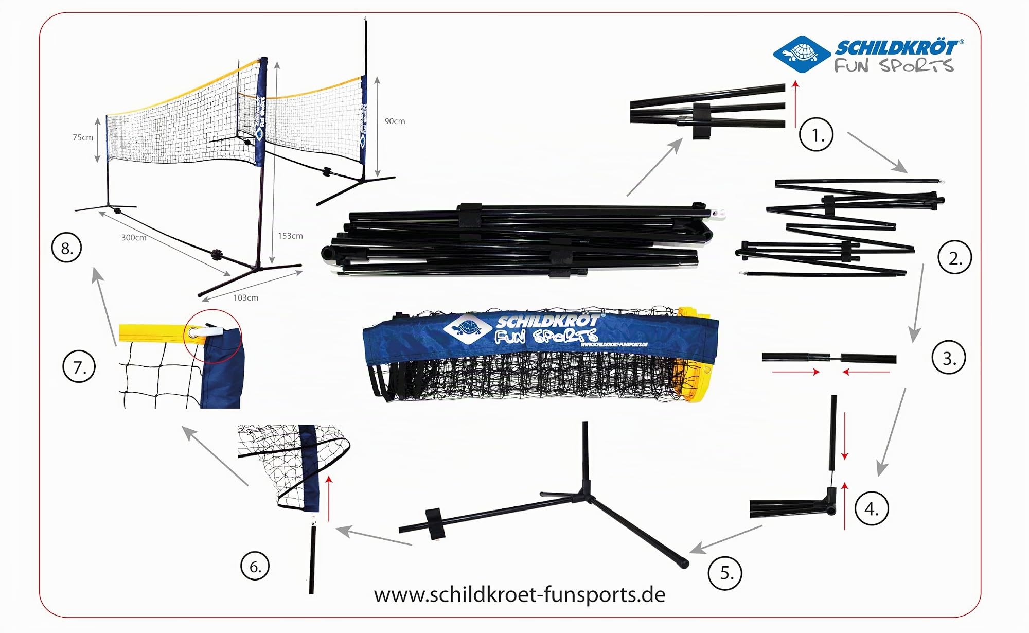 Schildkröt Netzgarnitur Kombi, freistehendes Freizeit-Netz für Badminton, Street-Tennis und andere Sportarten, stufenlos höhenverstellbar von 0,75 m bis 1,55 m, Breite 3 m, 970994