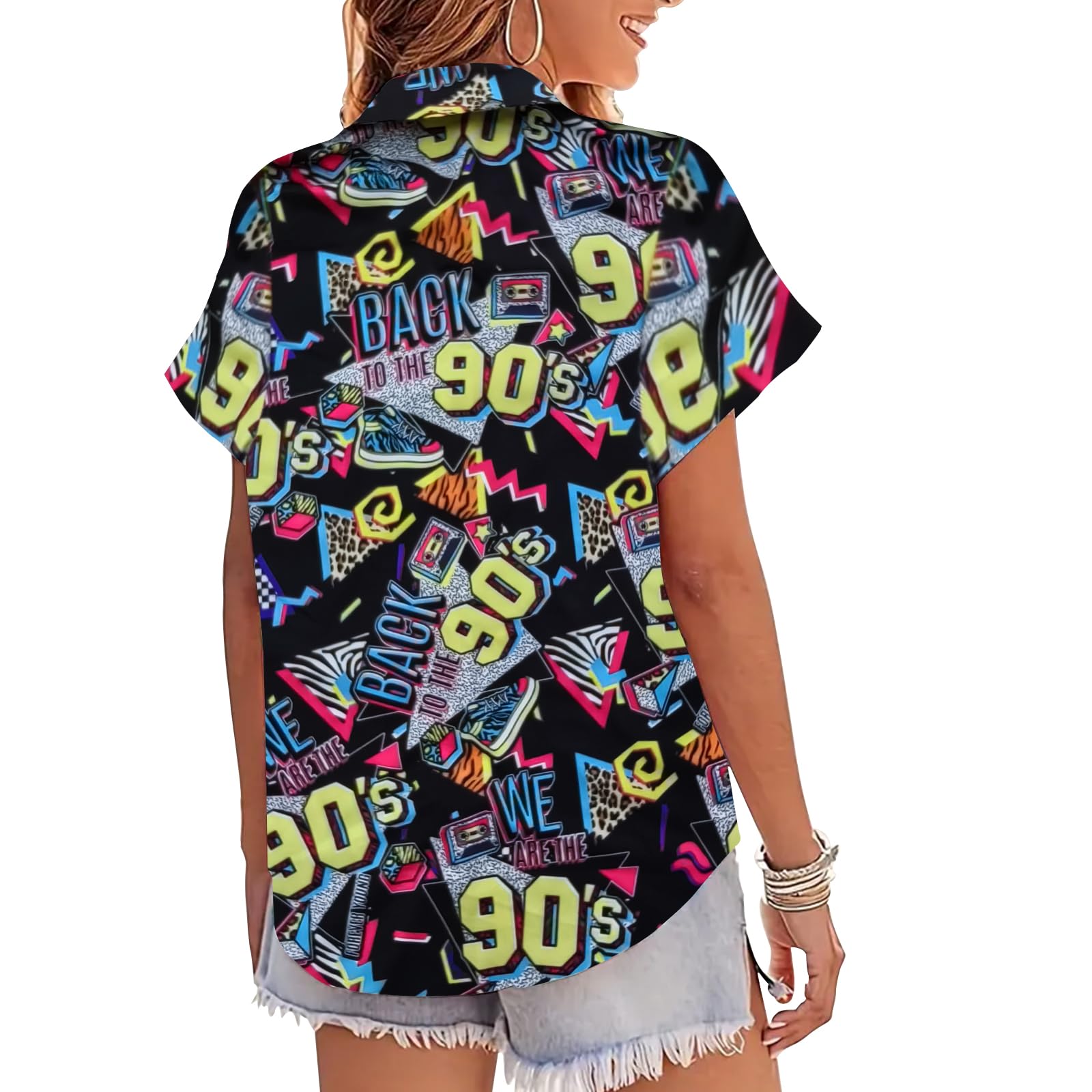 Trajes de los años 80 y 90 para mujer, camisa temática de fiesta de los años 80, camisa hawaiana con botones, camiseta retro de discoteca de neón | Disfraz retro de neón de los años 80, blusa hawaiana con botones