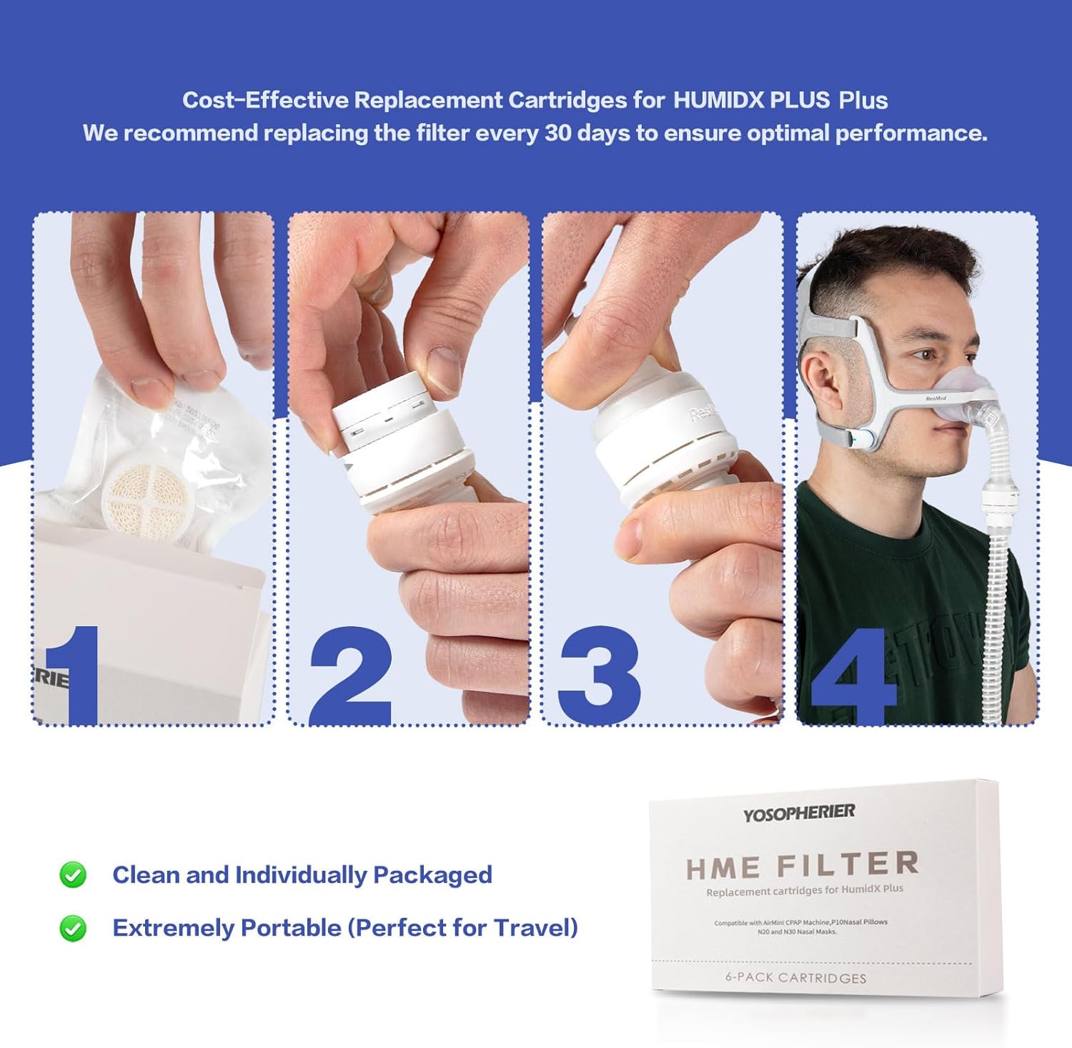 HME for HumidX Plus, Replacement Cartridges for ResMed HumidX Plus, Compatible with ResMed Airmini CPAP Machine & P10 Nasal Pillows, N20, N30 Nasal Masks, CPAP Supplies, 12-Pack