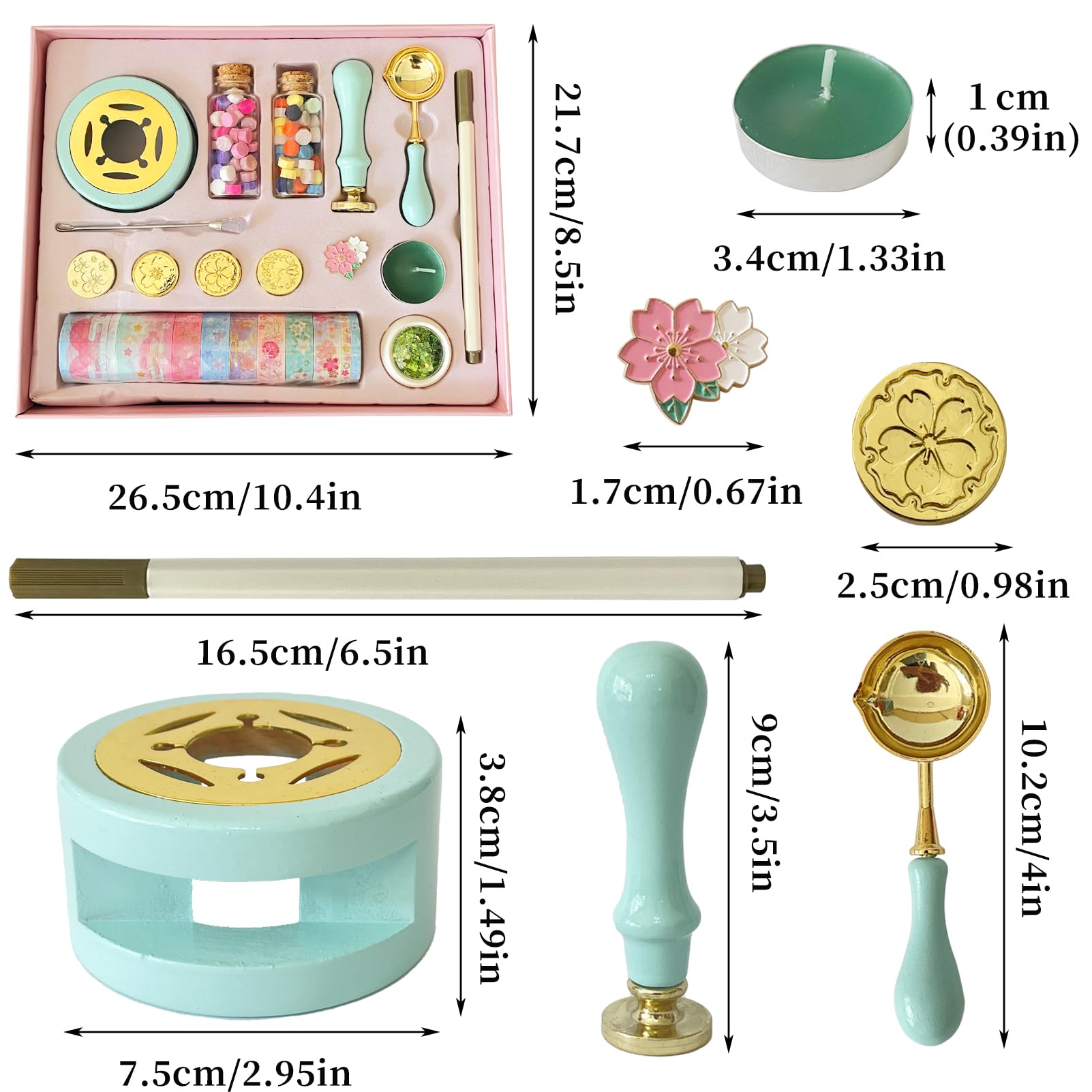 Wax Seal Stamp Kit - Wooden Warmer, 5 Floral Stamps, 120 Wax Beads & Washi Tape - Complete Set for Wedding Invitations & DIY Crafts