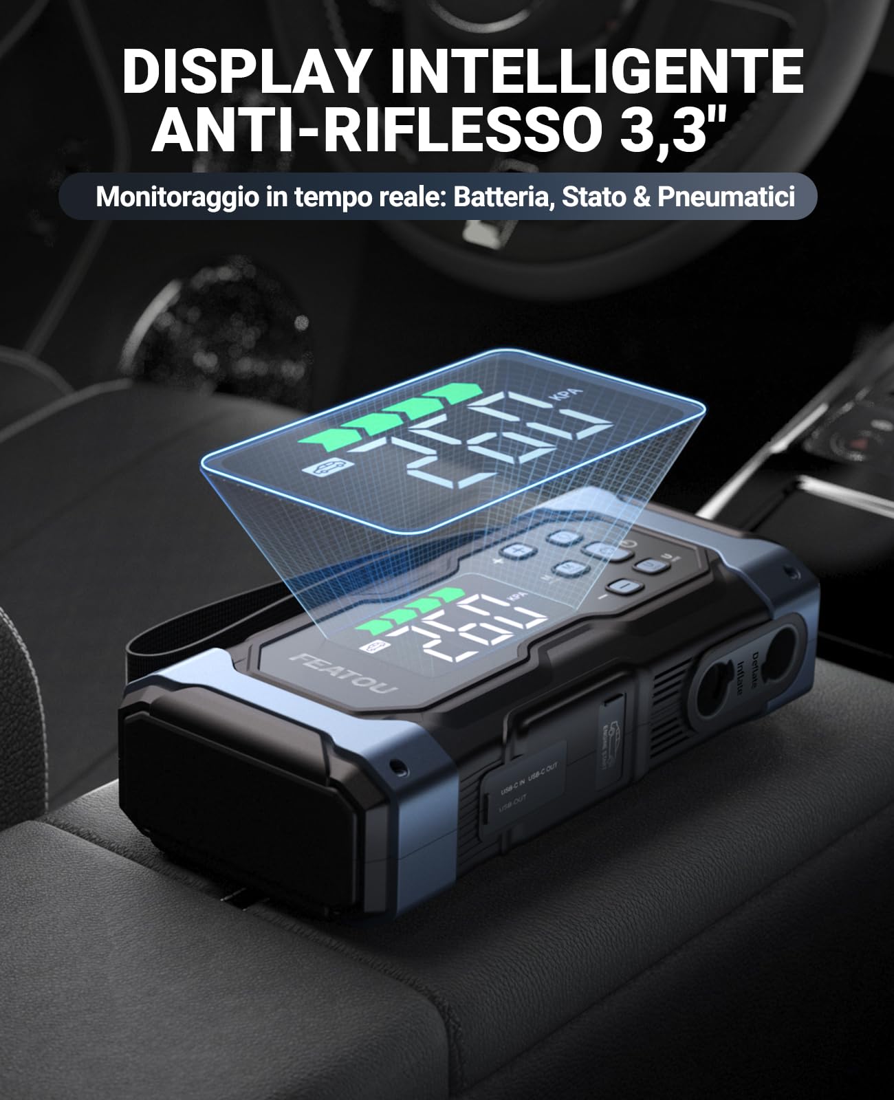 FEATOU 6500A Avviatore Batteria Auto con Compressore 150PSI & Air Pompa per Materasso Gonfiatore, 12V (Tutti Gas&12L Diesel) Avviatore emergenza per Auto/Moto Jump Starter Booster Avviamento(2025 NEW)