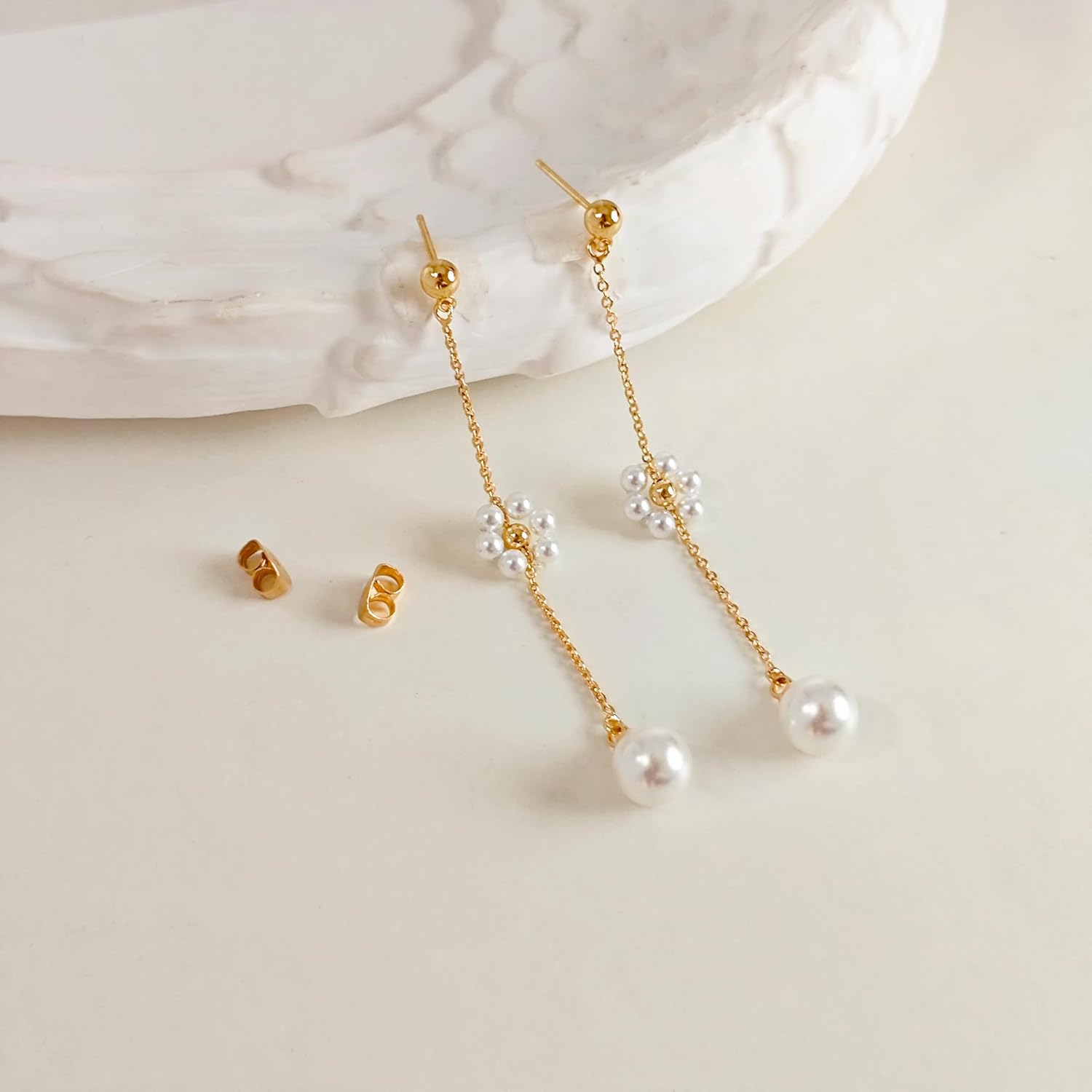 IMBOS Pearl Earrings 14k Gold Plated Daisy Flower Stud Earrings for Women Ball Stud Flat Back Earring Hypoallergenic Statement Earring Trendy Jewelry Gift for Women - Image 7