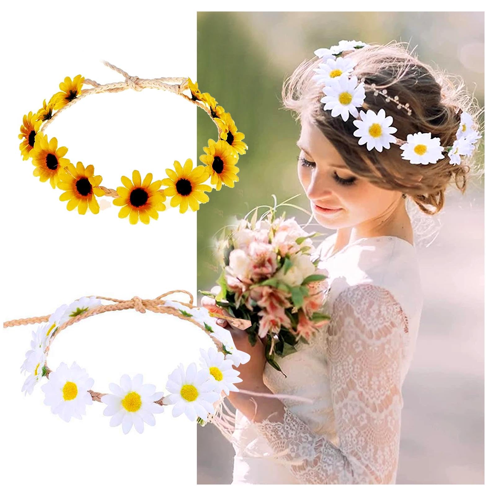 GWAWG 2Pcs Daisy & Sunflower Flower Headband Crown Boho Floral Hair Wreath, Adjustable Headpiece for Women & Girls, Wedding - Image 3
