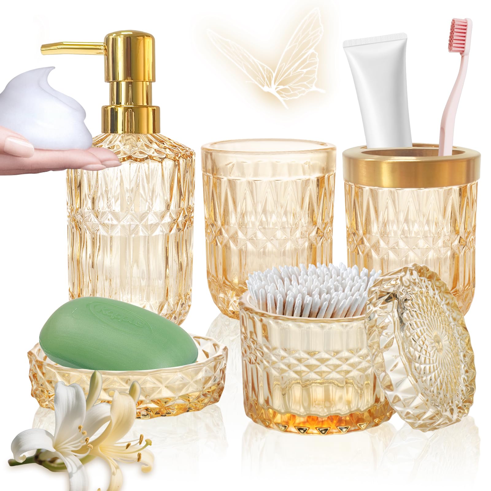 Set di accessori da bagno in vetro dorato, set completo di 5 accessori da bagno, decorazione moderna per il bagno con dispenser di sapone, piatto, portaspazzolino, bicchiere, bastoncini di cotone