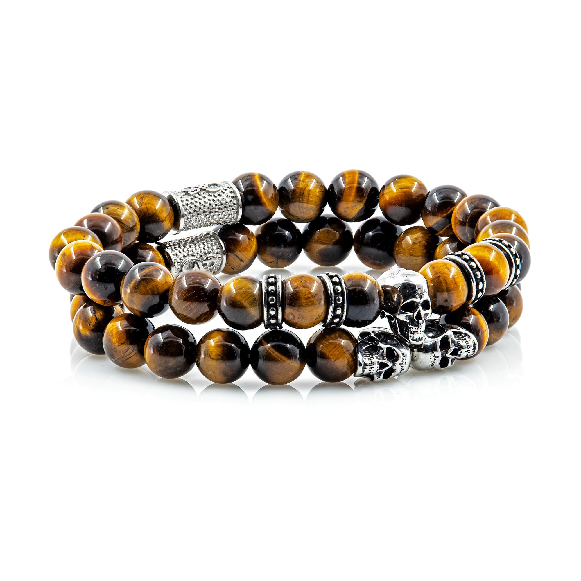 Tigerauge Armband Bracelet Perlenarmband Perlen 8mm Memento Mori Edition Silver Skull Stack Damen Herren Doppelarmband Edelstahl