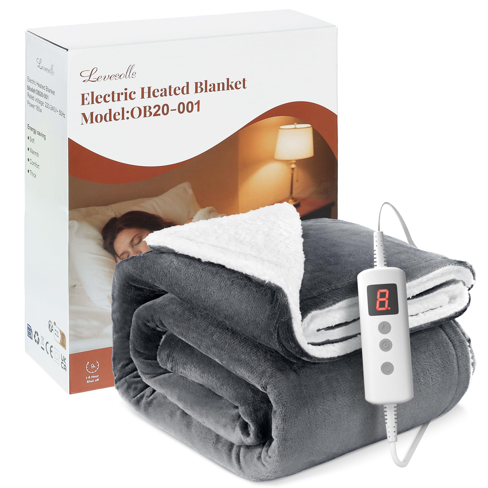 Couverture Chauffante Électrique 10 Niveaux de Température Minuterie 9H Protection Surchauffe Arrêt Automatique Lavable en Machine pour Maison et Bureau (Gris Foncé, 160x130 cm)