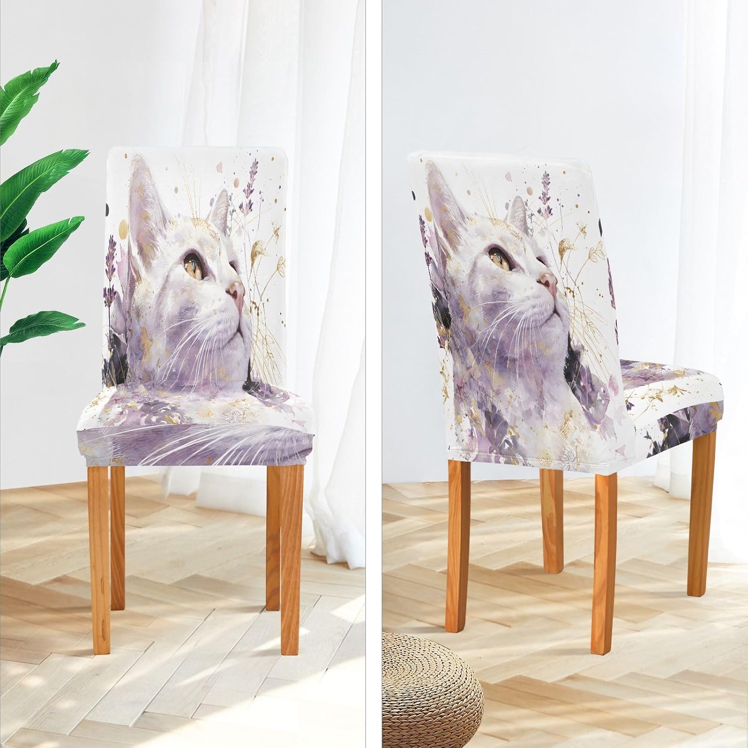 ALAZA Chair Covers for Dining Room, Purple Flowers White Cat Stretch Chair Cover Sets Chair Protector Removable Washable for Ktichen Restaurant Hotel