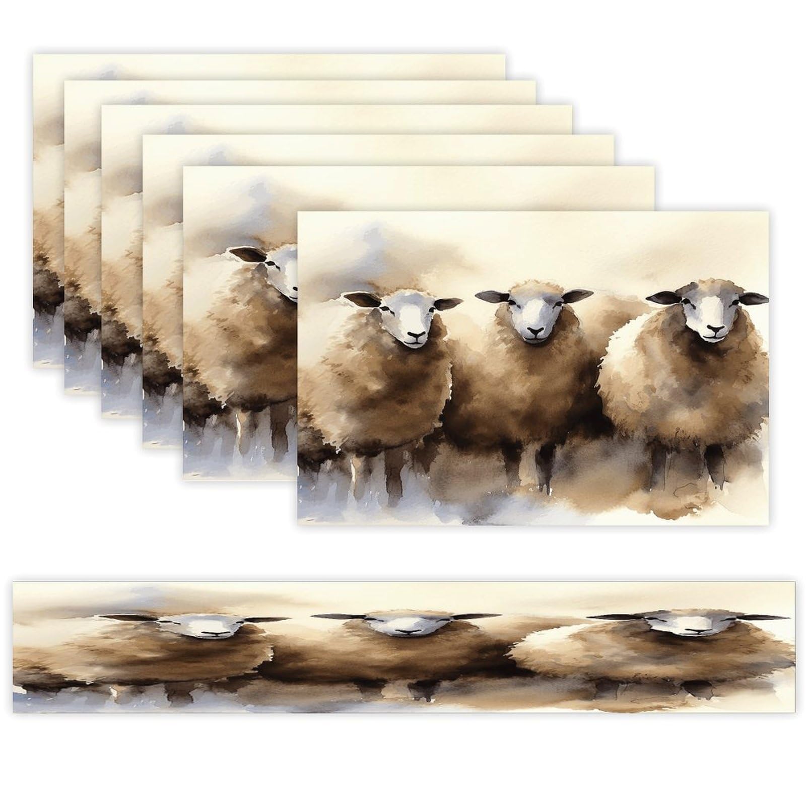 Sheeps Watercolor Table Runner and Placemats of 6 Washable Heat Resistant Place Mats with Table Runner Vintage Holiday Table Mat Set for Holiday Party Kitchen Dining Deco