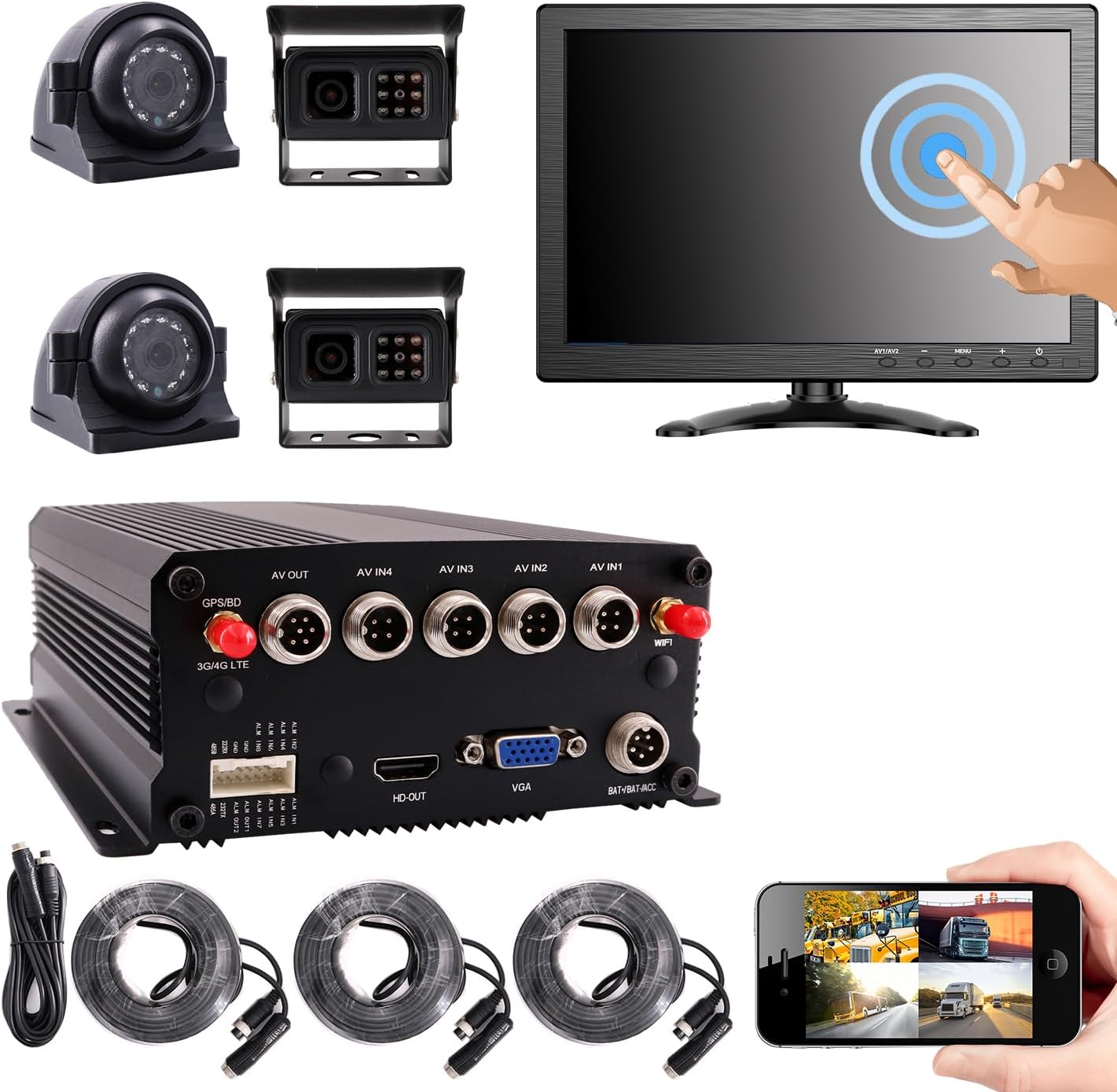 JOINLGO 4-CH GPS WiFi 1080P Mobile Vehicle Car DVR mdvr Video Recorder Kit Real-time Remote View on PC Phone with 4 Side Rear View IR Cameras 7" Screen for Truck Bus Fleet (DO NOT Support 4G LTE)