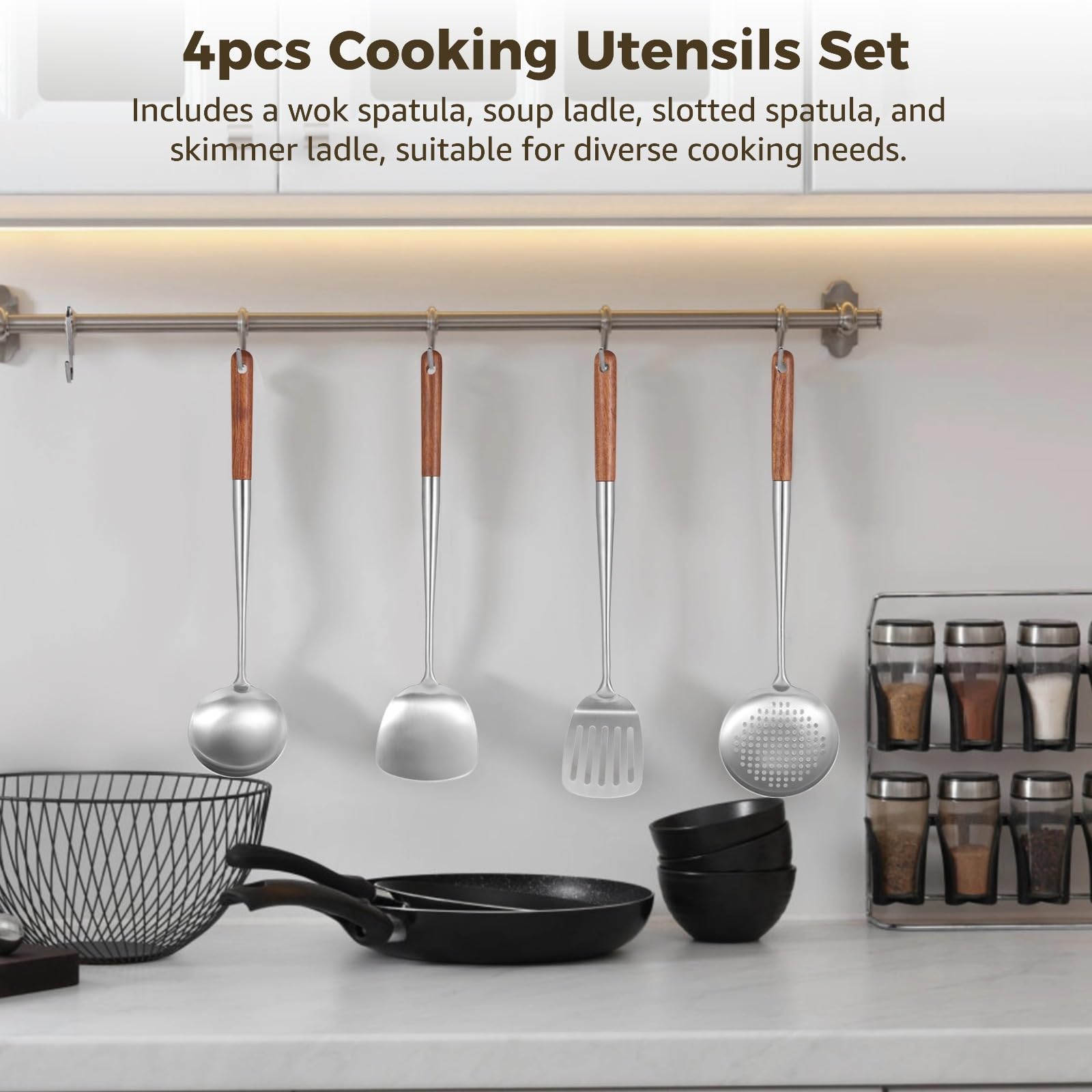 Set de 4 ustensiles pour wok en acier inoxydable, spatule, louche, écumoire et spatule ajourée, poignées en bois isolantes, pour cuisson au wok, faciles à nettoyer