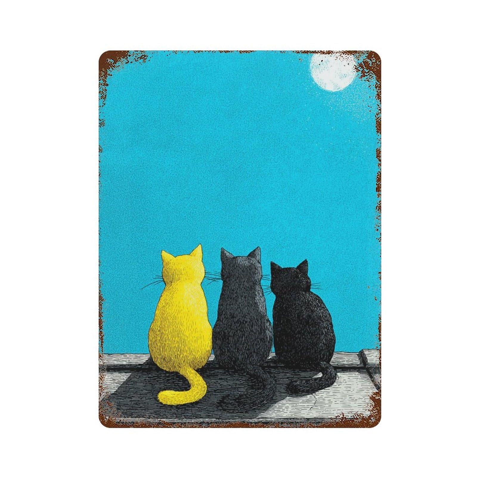 Nightly Trio Cats Under The Moon Rusty Metal Tin Sign 15.7"x11.8", Old School Wall Decor for Garage, Pub Or Kitchen