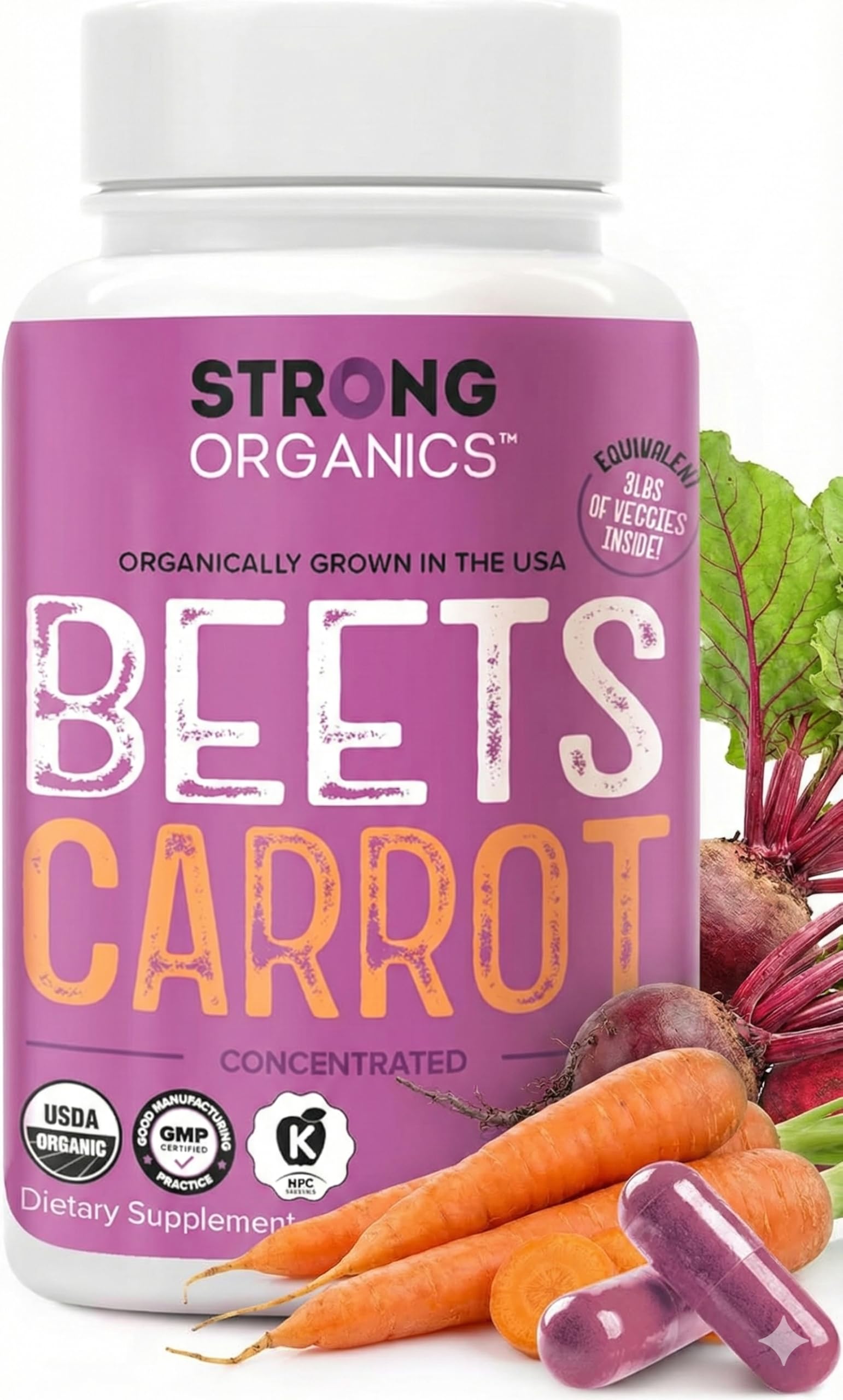 Organic Carrot & Beet Juice Powder Capsules–Nitric Oxide, Vitamin A 120 ct