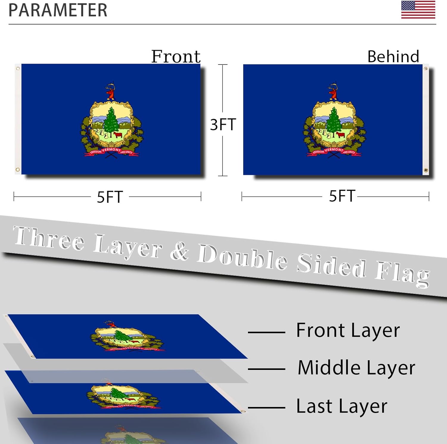 Vermont State Flag 3x5 Outdoor Double Sided State of Vermont Flags 3 Layers 240D Polyester Sewing 4 Rows of Thread with Durable Canvas Header and Brass Grommets Vermont Decor for Indoor Wall Room