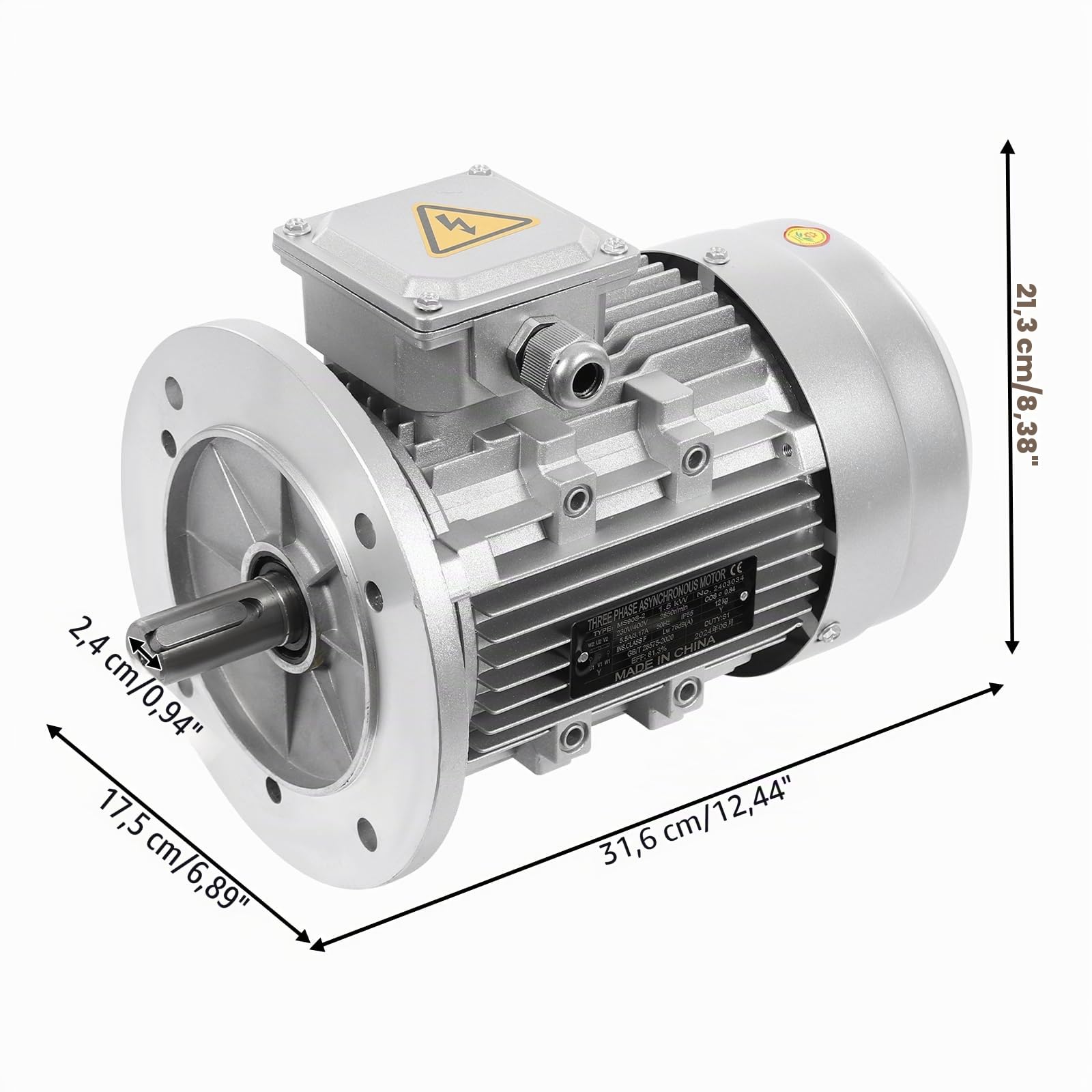 230/400V Elektromotor Drehstrom-Asynchronmotor mit Reiner Kupferspule, 1,5KW 2850 RPM Elektro 3-phasig Motor aus Metall, Dreiphasen-Motor S1 B5 Wellendurchmesser 24mm Drehstrommotor