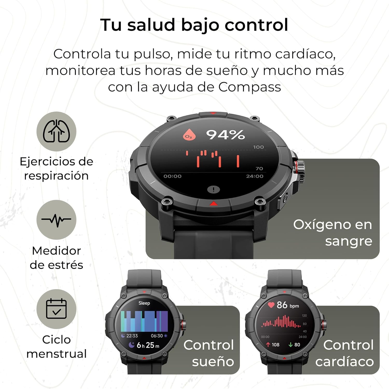 KSIX Compass Smartwatch showing health monitoring features
