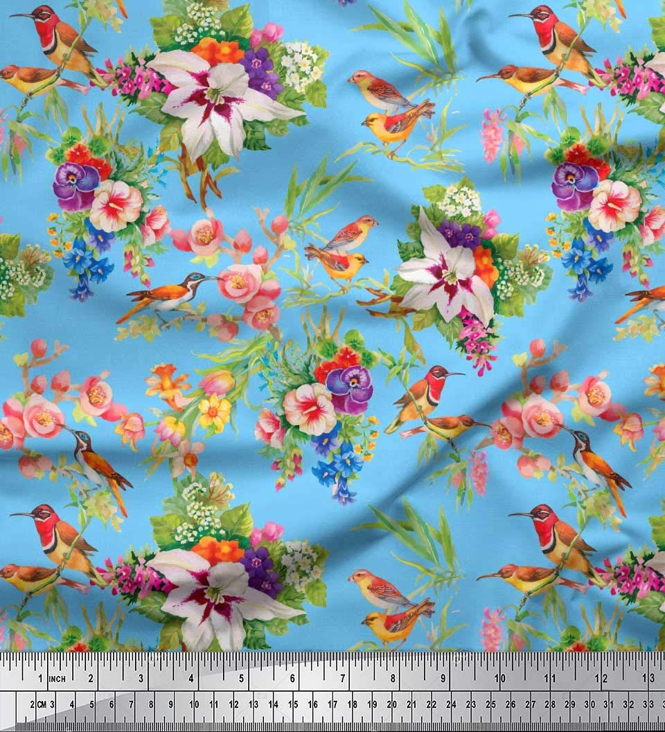 SoimoiBlue Cotton Duck Fabric Sunbird,Leaves & Flower Floral Printed Fabric 1 Yard 56 Inch Wide