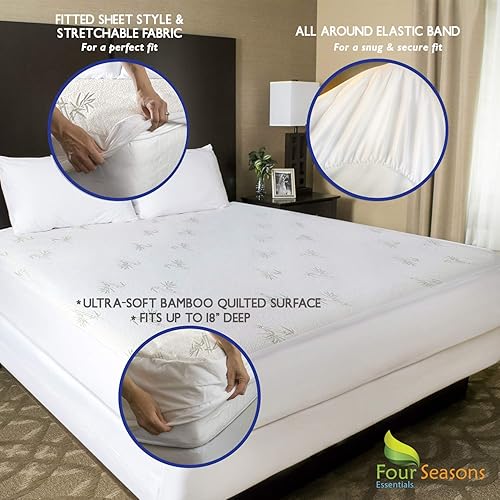 Miniatura 4 de Paquete de 2 artículos protector de colchón de bambú tamaño Queen + protectores de almohada de bambú Queen (2 piezas)