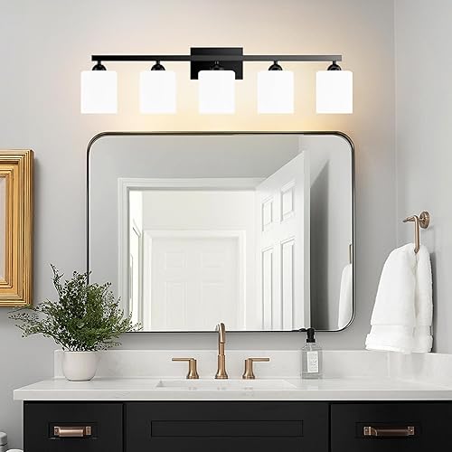 Miniatura 17 de Quntis Lámparas de baño negras de 4 luces con 5 modos de color, lámpara de tocador moderna regulable de 27 pulgadas sobre espejo, lámpara de pared