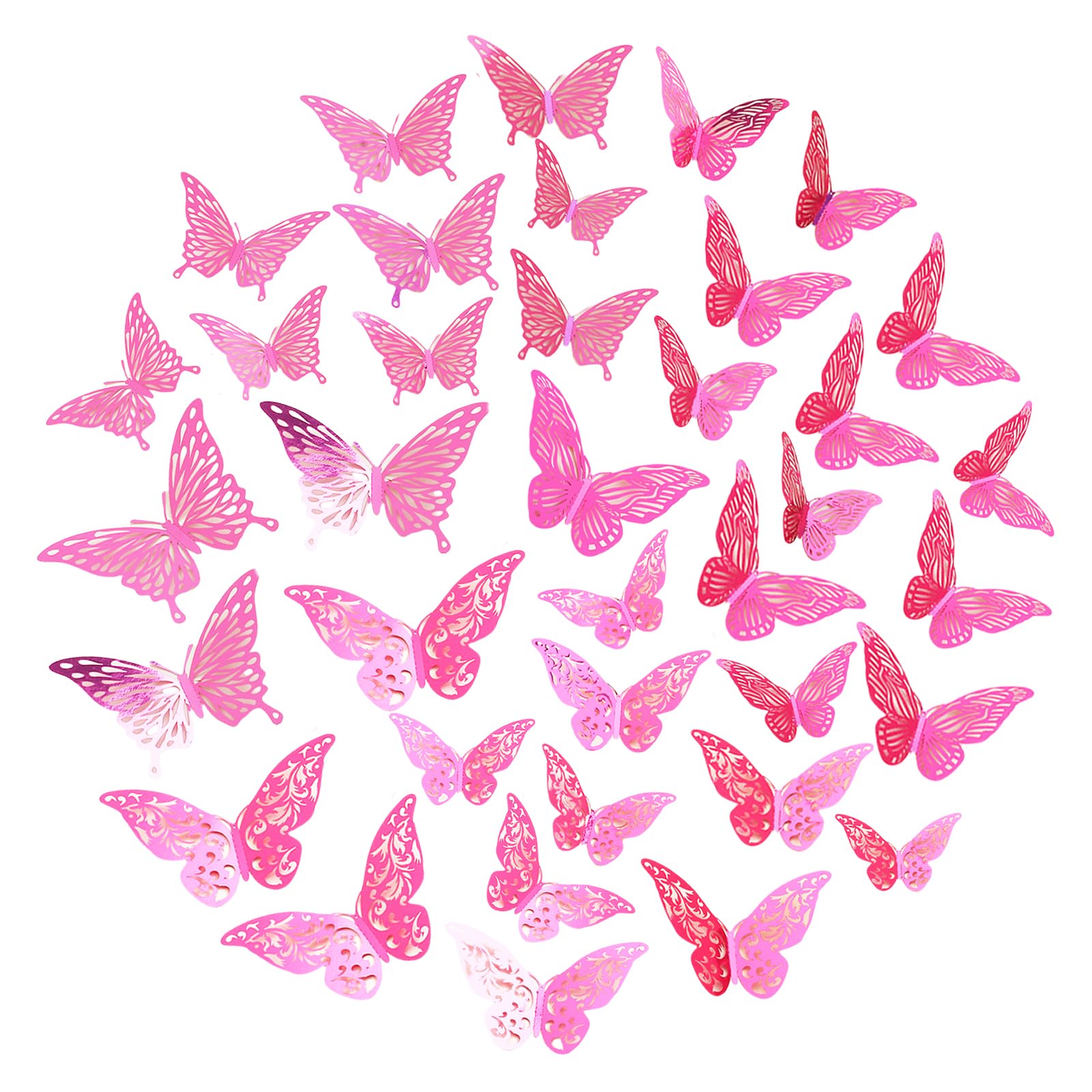 Autocollants Papillons 3D 36 Pièces - Déco Murale Amovible Rose