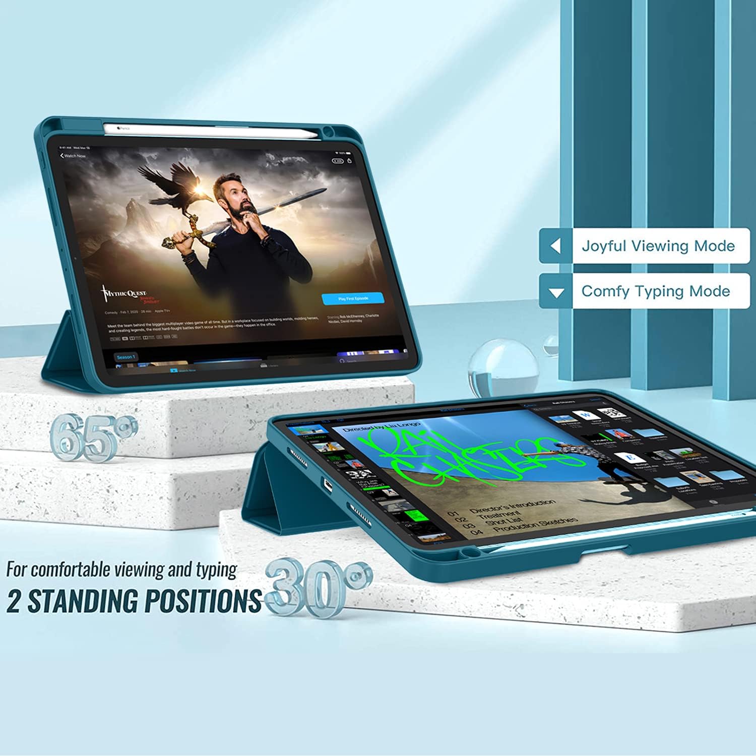 ZryXal New iPad Pro 12.9 Inch Case 2022/2021/2020(6th/5th/4th Gen) with Pencil Holder,Smart iPad Case [Support Touch ID and Auto Wake/Sleep] with Auto 2nd Gen Pencil Charging (Teal) image 4