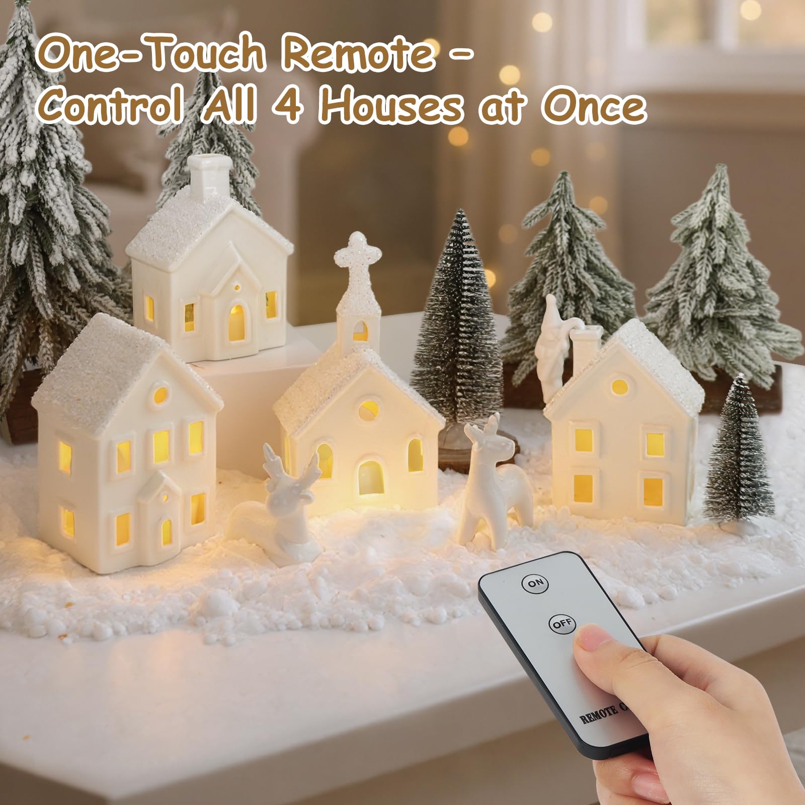 Weihnachtsdekorationen für den Innenbereich, 9-teiliges Weihnachtsdorf-Set mit 4 Fernbedienungen, beleuchteten Keramikhäusern, 2 Bäumen, 2 Hirschen und Weihnachtsmann, neutralweiß