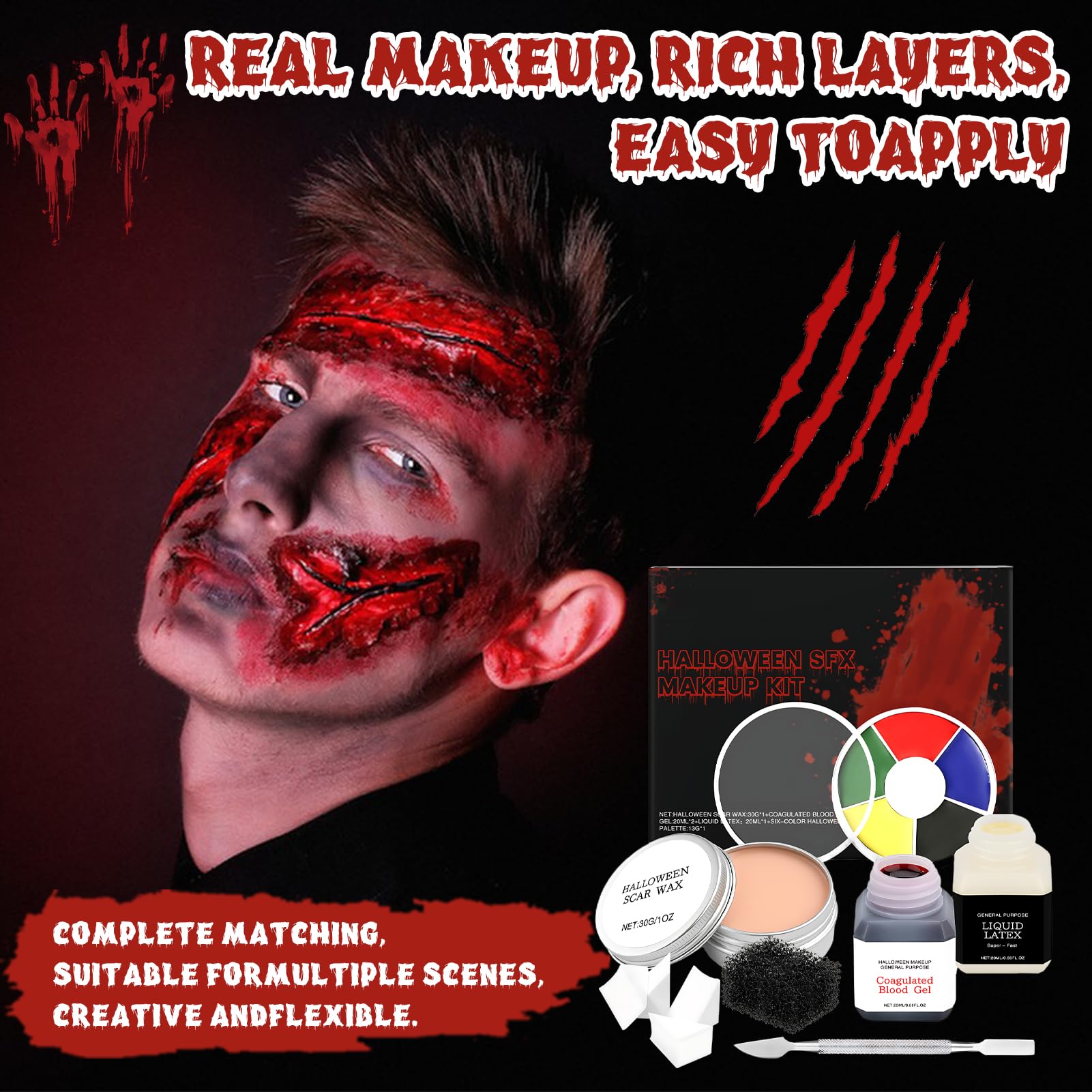 WEILAOK Halloween SFX Makeup Kits, Liquid Latex Makeup SFX, Fale Blood+Liquid Latex+Scar Wax+Six-Bruise Makeup - Image 2