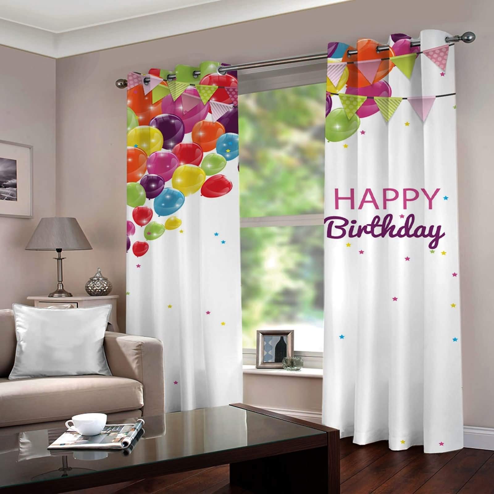 Zasłony zaciemniające do salonu z oczkami, balony Happy Birthday, w gwiazdki, nieprzejrzyste, nowoczesne, 274 x 183 cm
