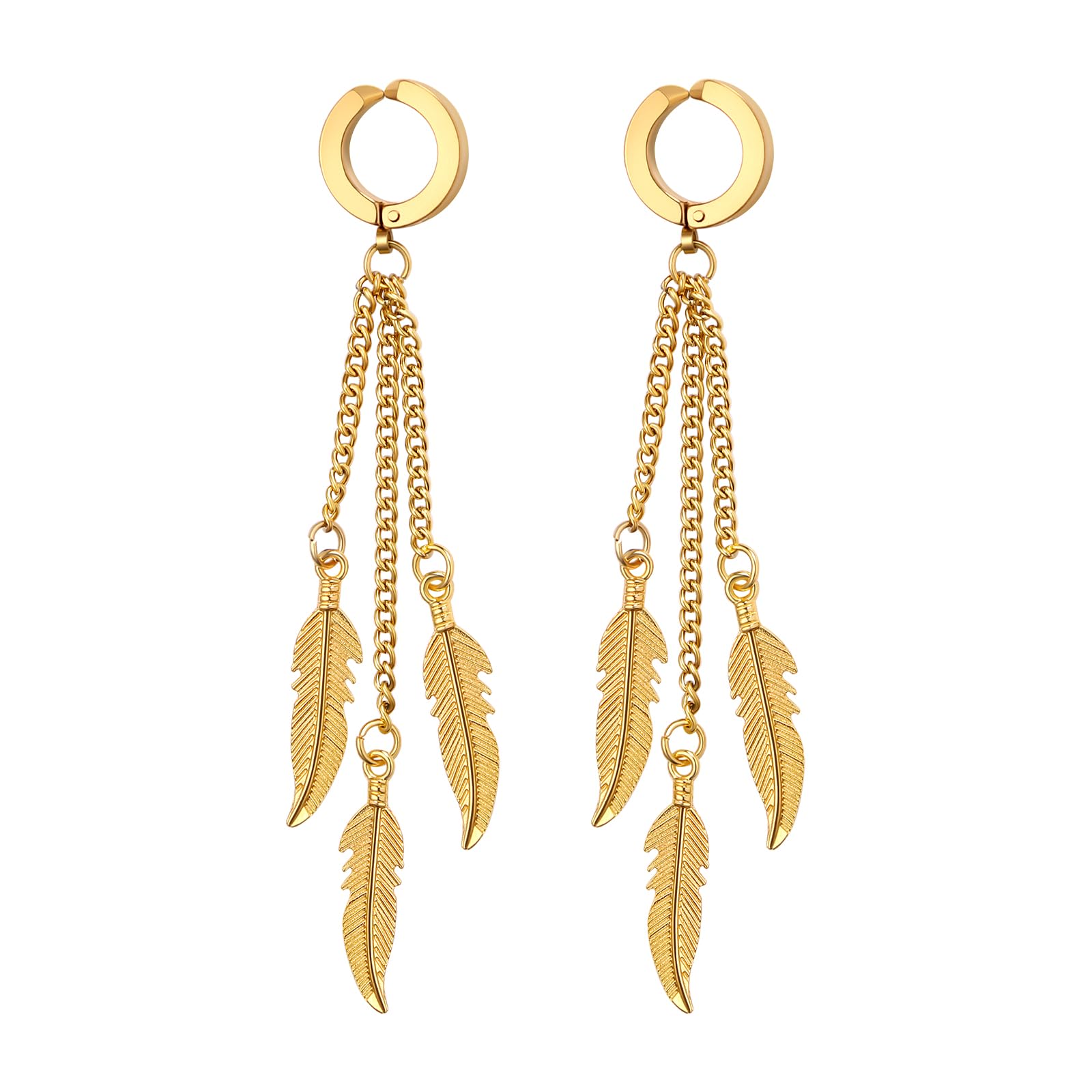 Flongo Pendientes unisex con colgante de pluma: oro, negro, plata, falso, sin agujeros, clip de oreja, acero inoxidable, gótico, huggie, 3 tacones, plumas, colgante, vikingo, punk, biker, para hombre