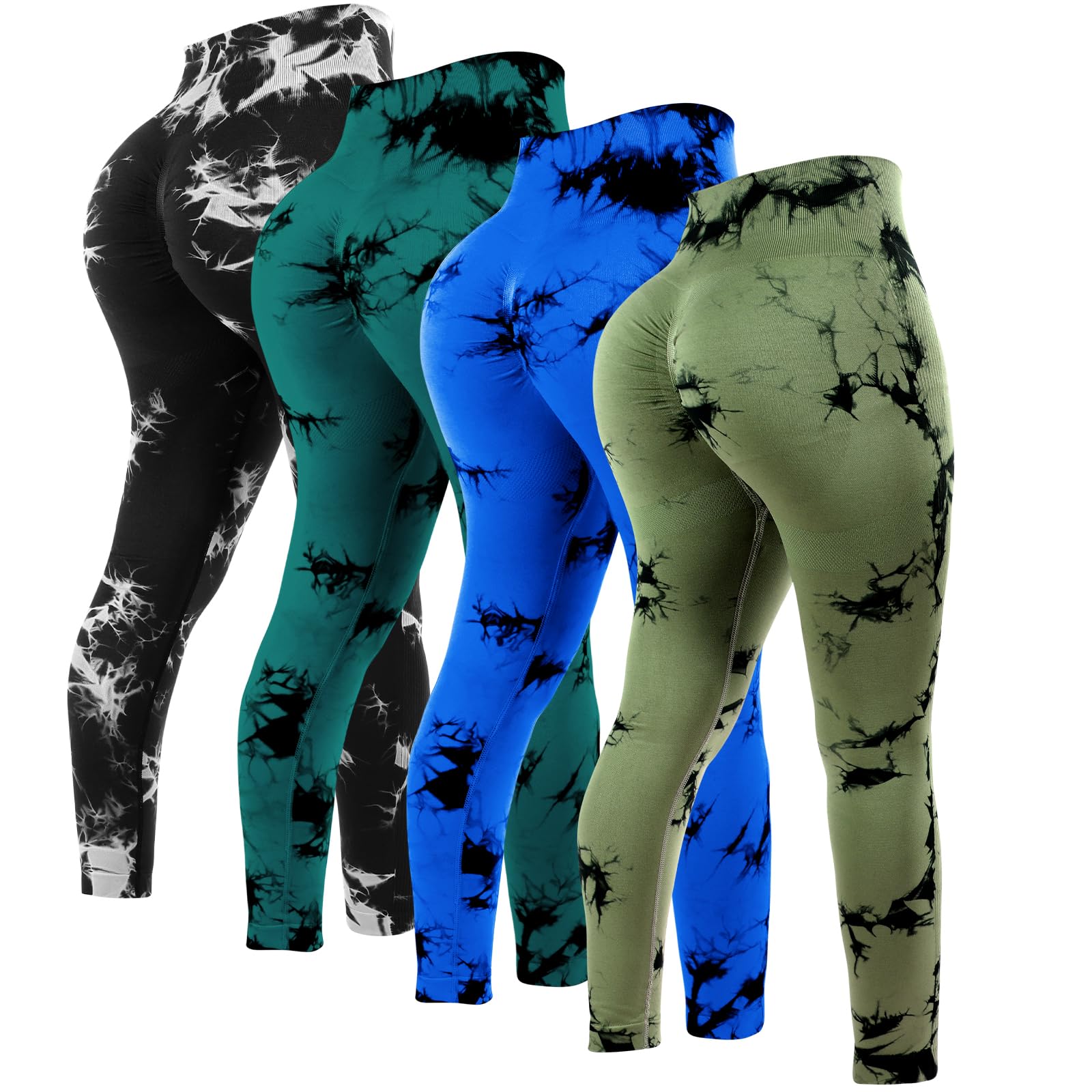 Photo 1 of Mumucove 4 Pcs Womens Workout Leggings Tie Dye High Waisted Yoga Pants Seamless Scrunch Butt Lifting Compression Tights(Black, Royal Blue, Dark Green, Army Green,X-Large)