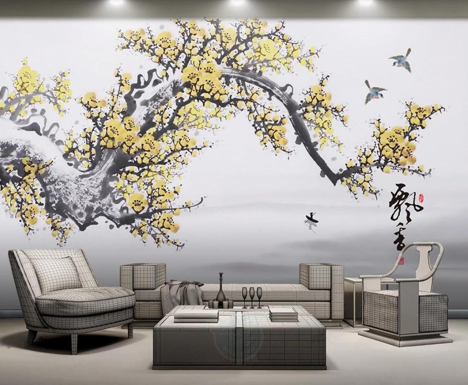Papier peint fleurs jaunes et oiseaux pour fond TV et salon chaleureux XLMING