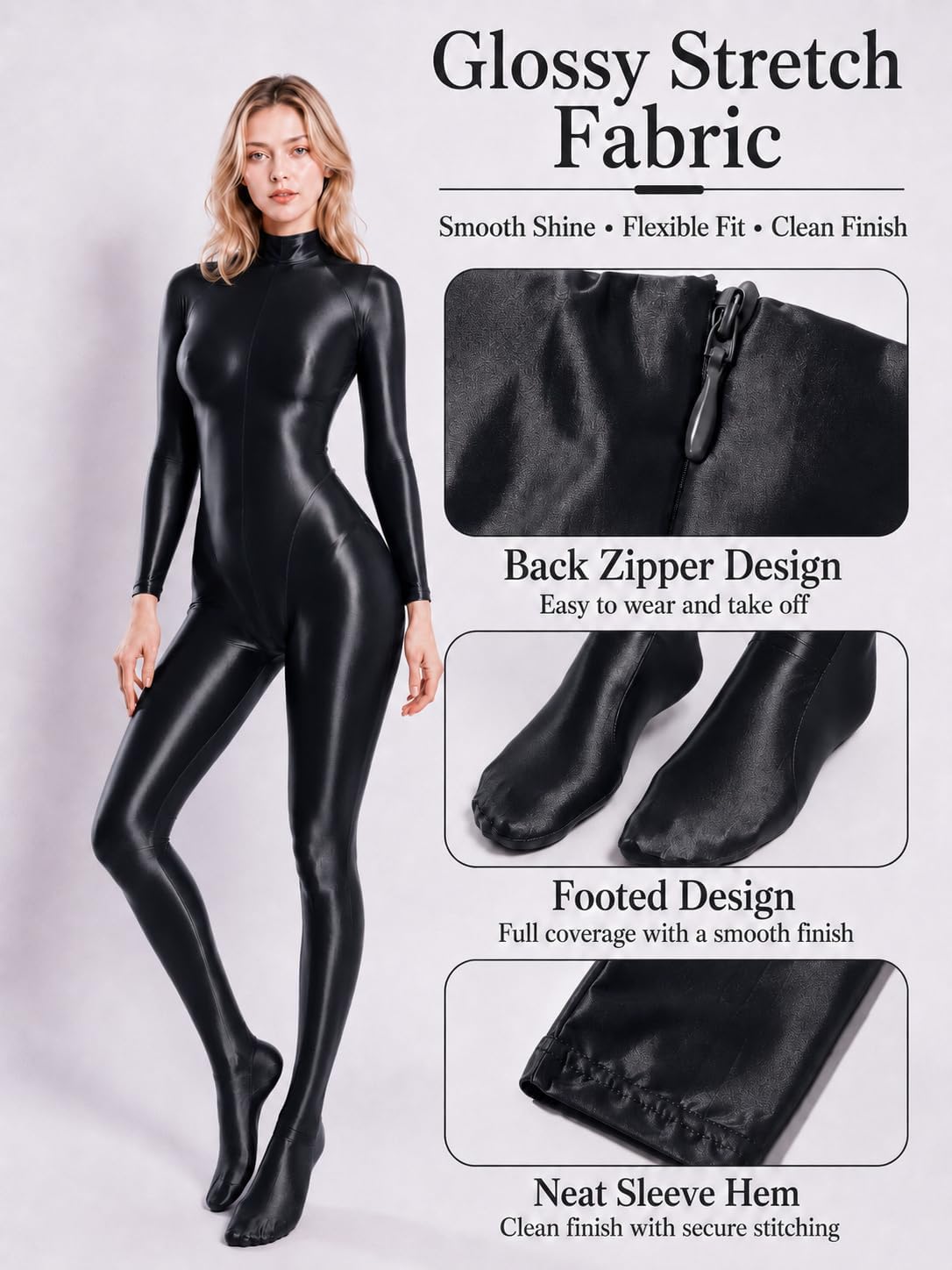 SEAUR Women's Sexy Glossy Long Sleeve Bodysuit Shiny Stretchy Full Body Catsuit One Piece Footed Unitard