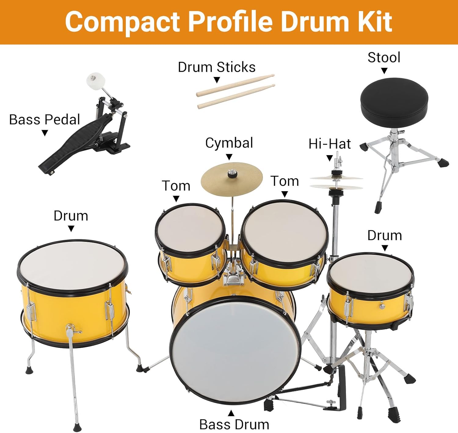 Senfot Drum Set 5-Piece for Beginners, AD-300 Kids Drum Kit with Bass Drum, Snare, Tom-Toms, Cymbals, Hi-Tone Drum, Stool, Pedal & Drum Sticks, Musical Instrument for Children (Yellow)