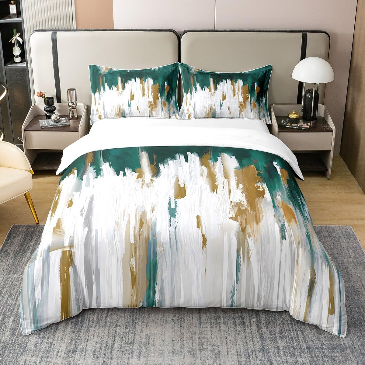 Homewish Oil Painting 100% Natural Cotton Duvet Cover Single Green Brown Stripe Bedding Set, Brush Marks Contemporary Ombre Comforter Cover Watercolor Graffiti Aesthetic Modern Quilt Cover