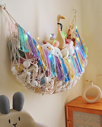 Miniatura 7 de Hamaca de red para animales de peluche con luces, almacenamiento extragrande para colgar en la pared, juguetes de peluche y osos de peluche, hamaca
