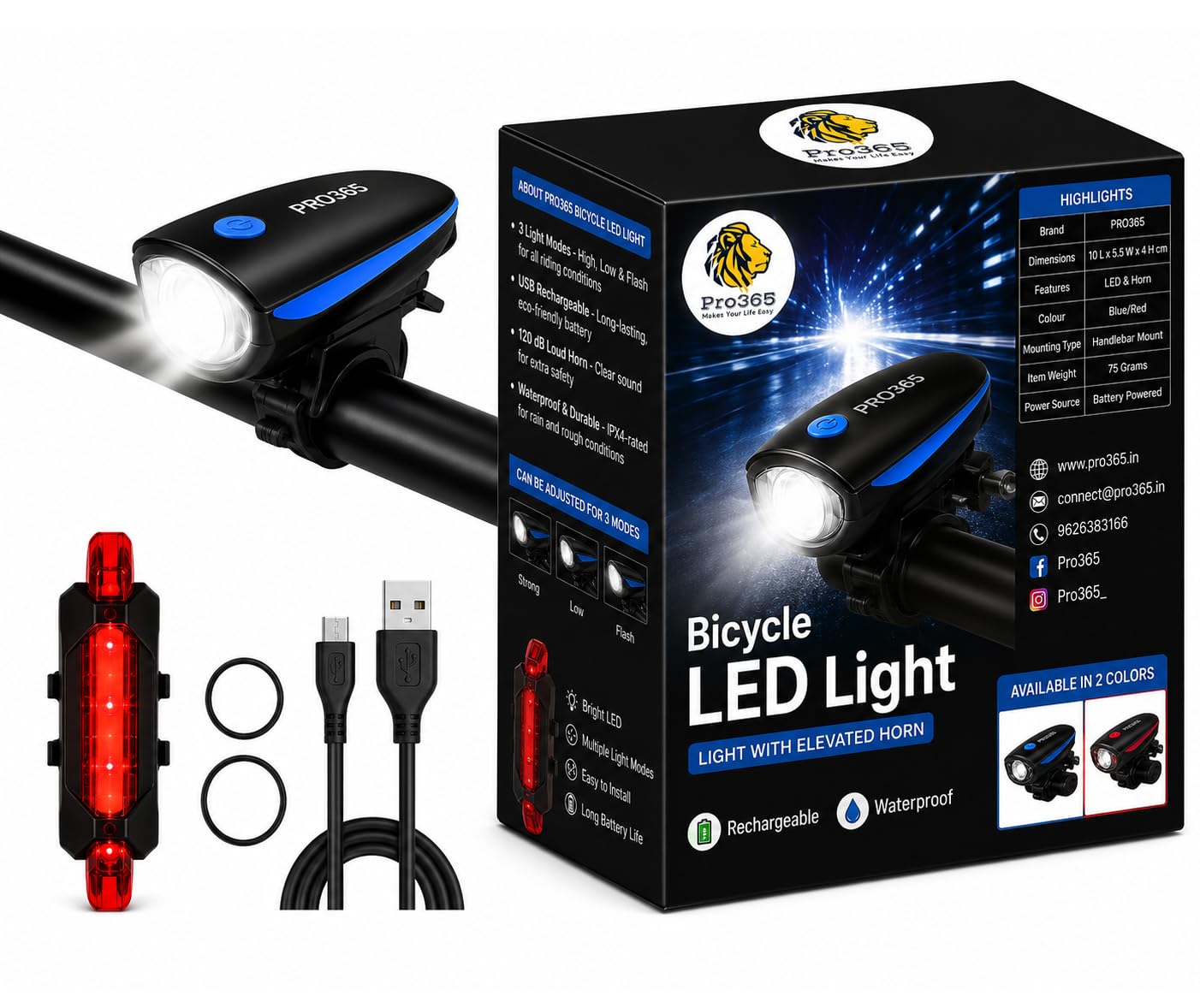 USB Rechargeable LED Bicycle Light with Horn | Front Headlight & Rear Taillight Combo, Waterproof, Multiple Modes for Cycling Safety-image-10